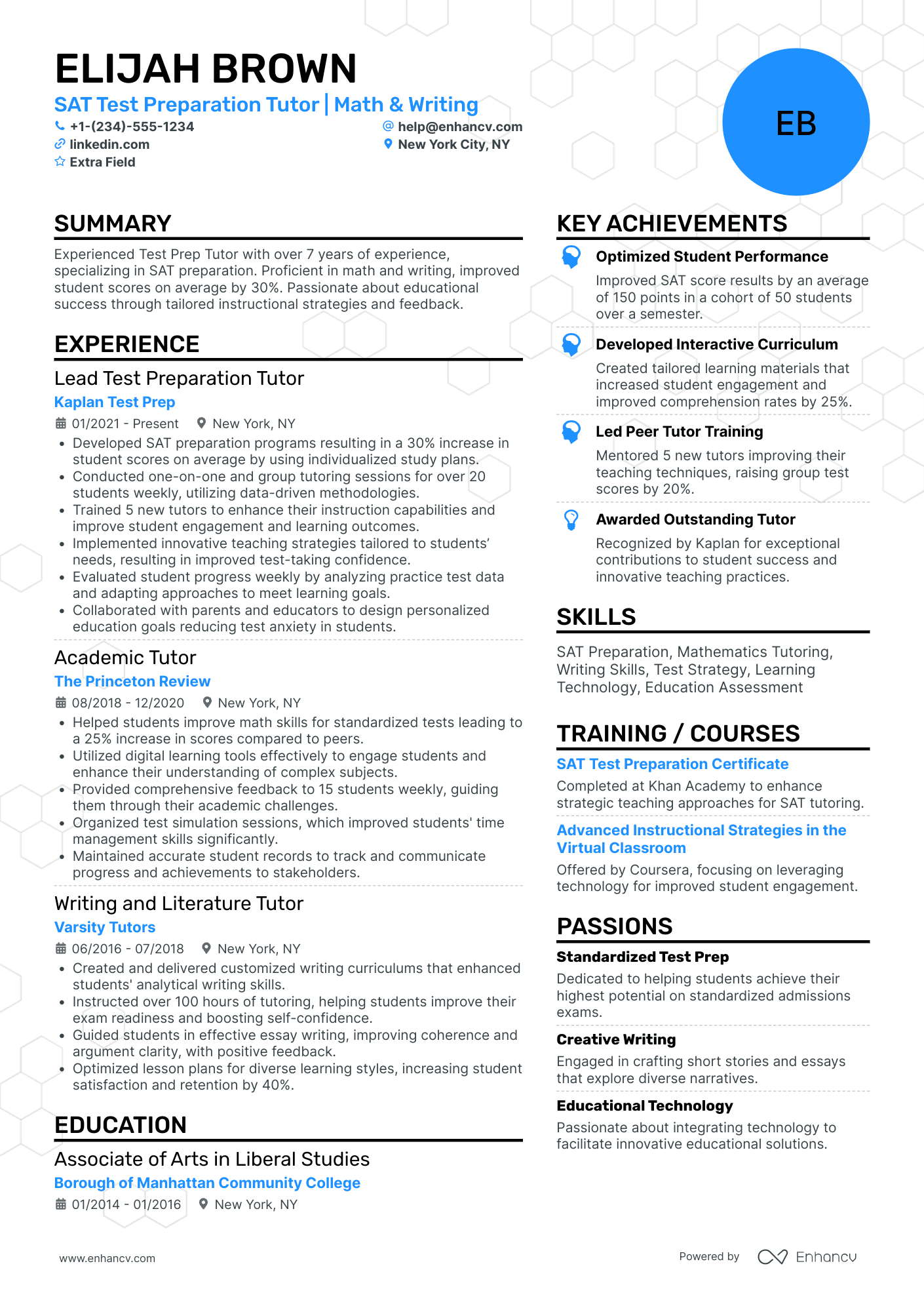 SAT Preparation Tutor Resume Example