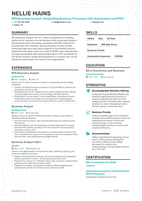 RPA Business Analyst Resume Example