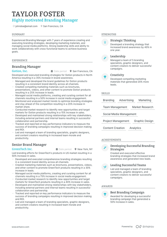 Branding Manager Resume Example