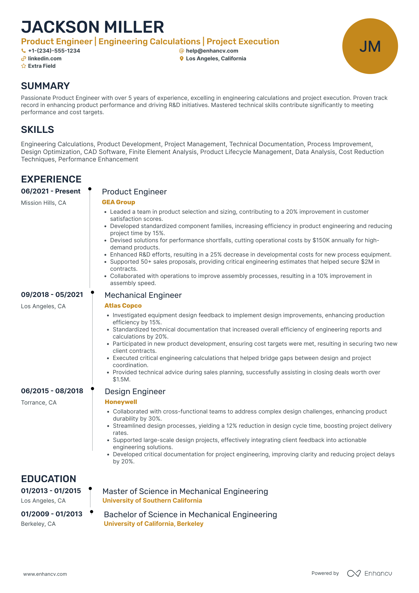 Senior Product Engineer Resume Example