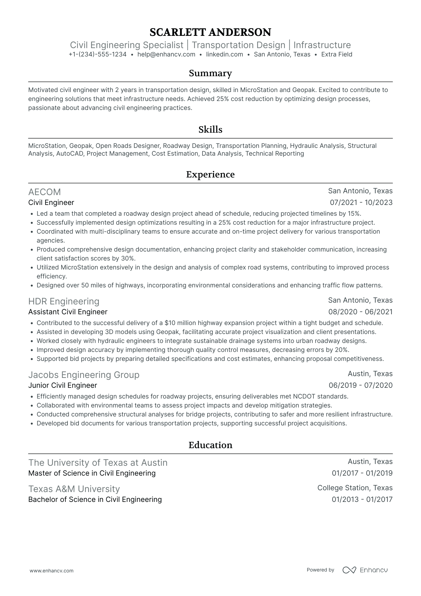 Civil Engineering Specialist Resume Example