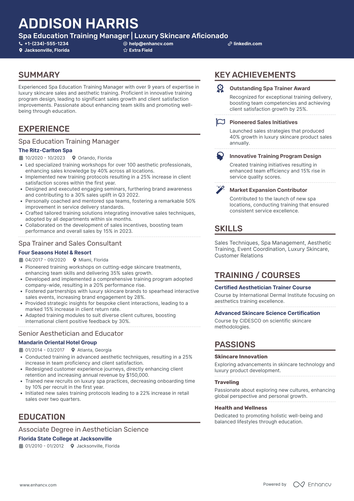 Spa Training Manager Resume Example