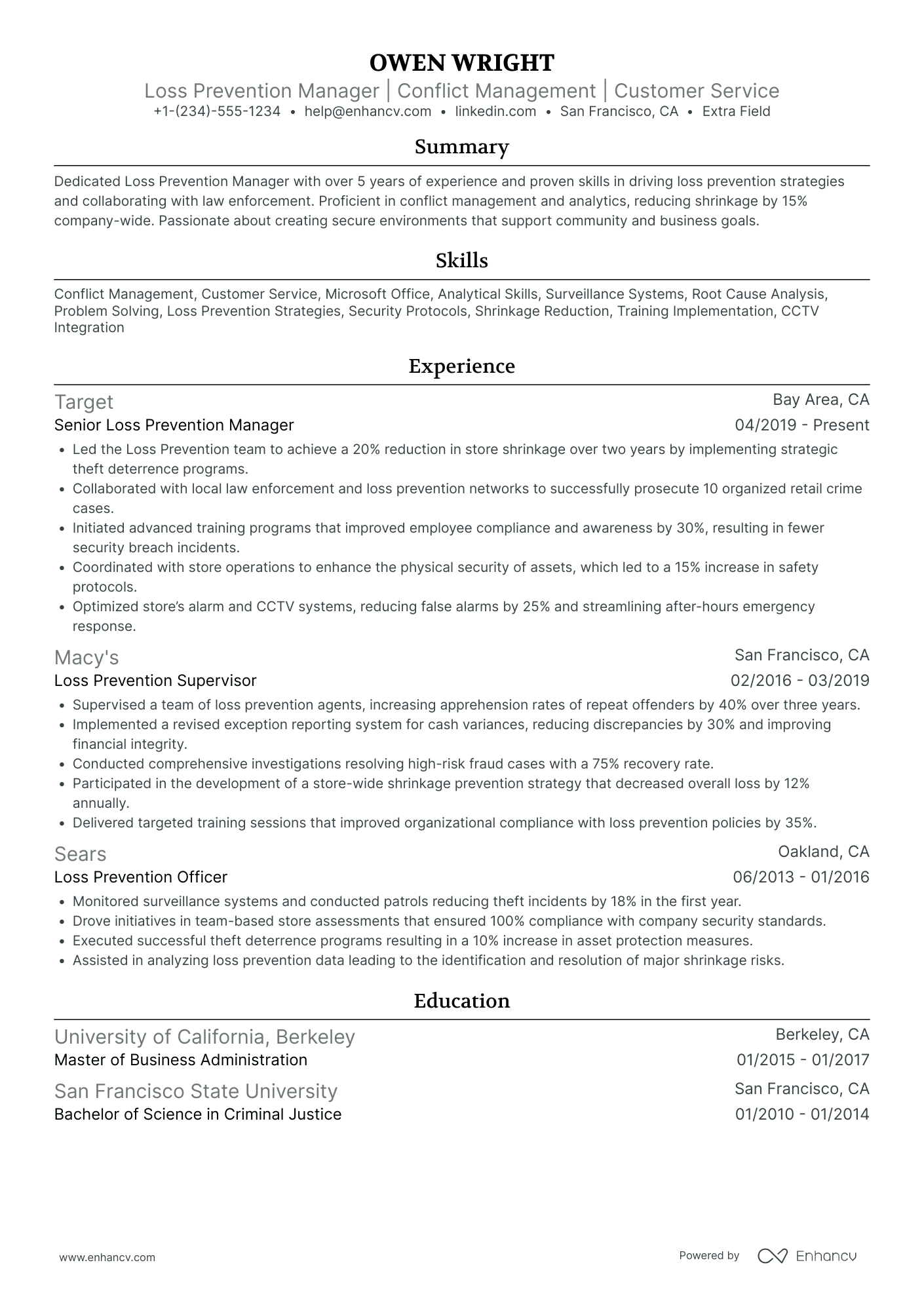 Store Loss Prevention Manager Resume Example