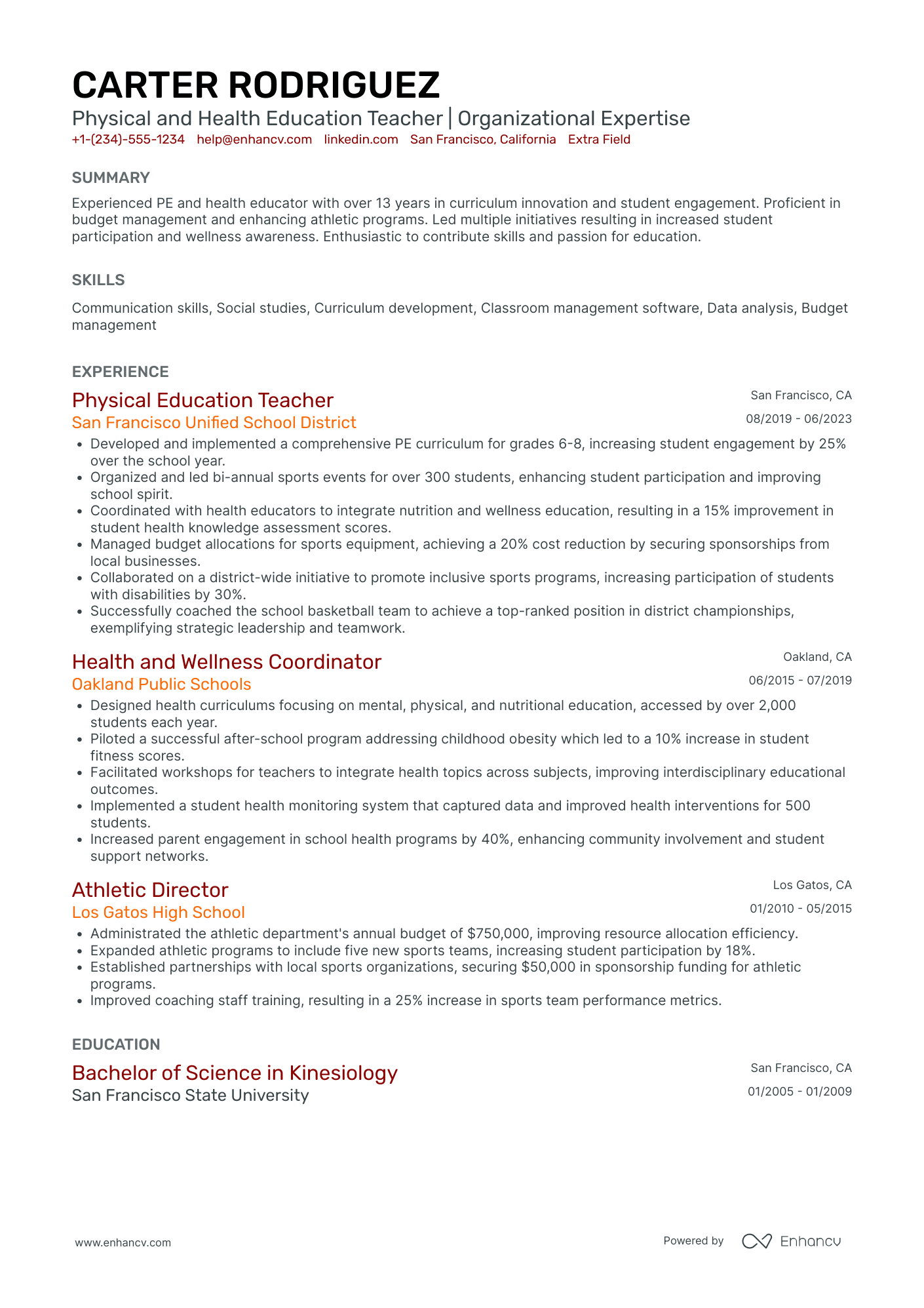 High School Health Education Teacher Resume Example