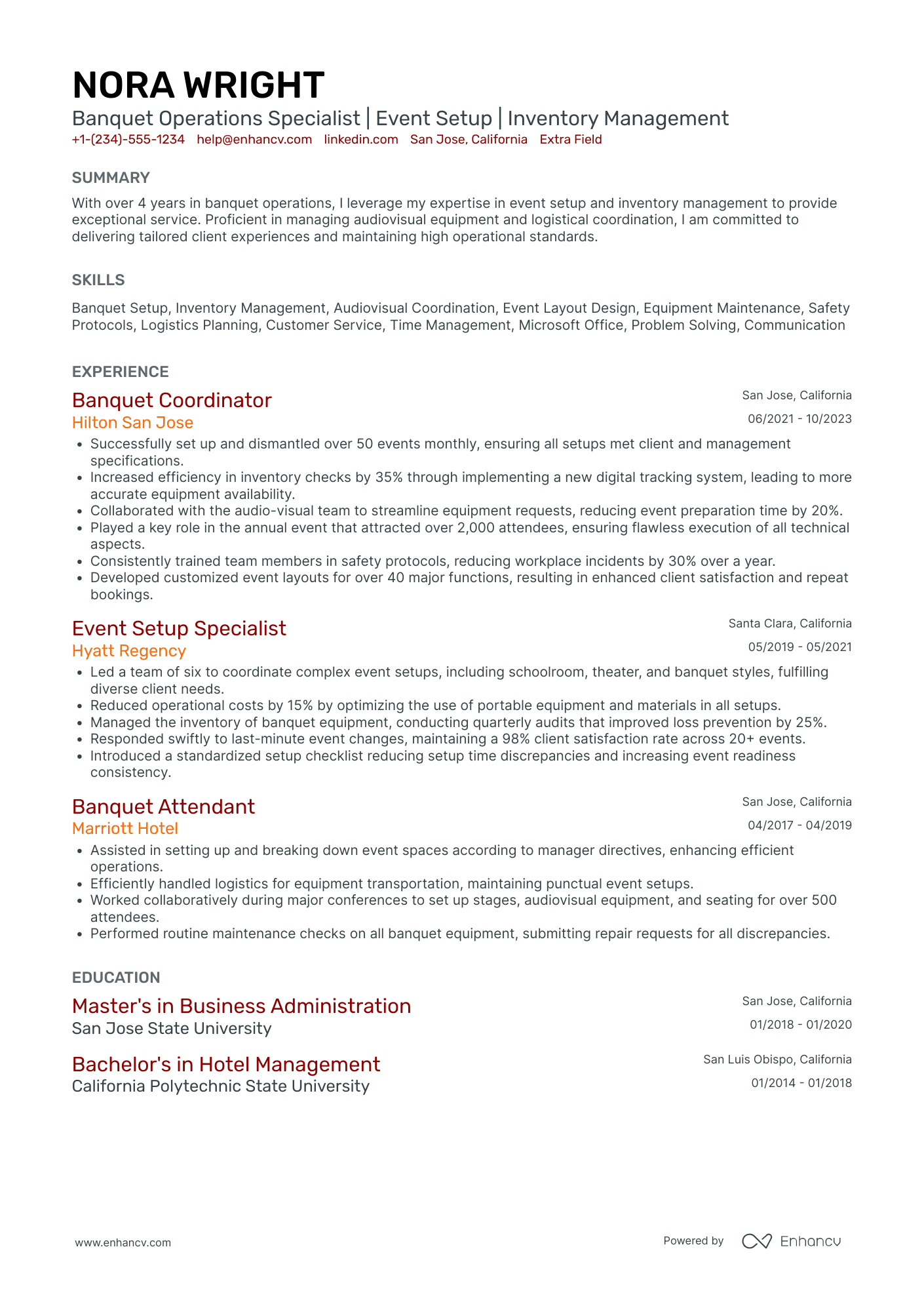 Banquet Server Staff Resume Example