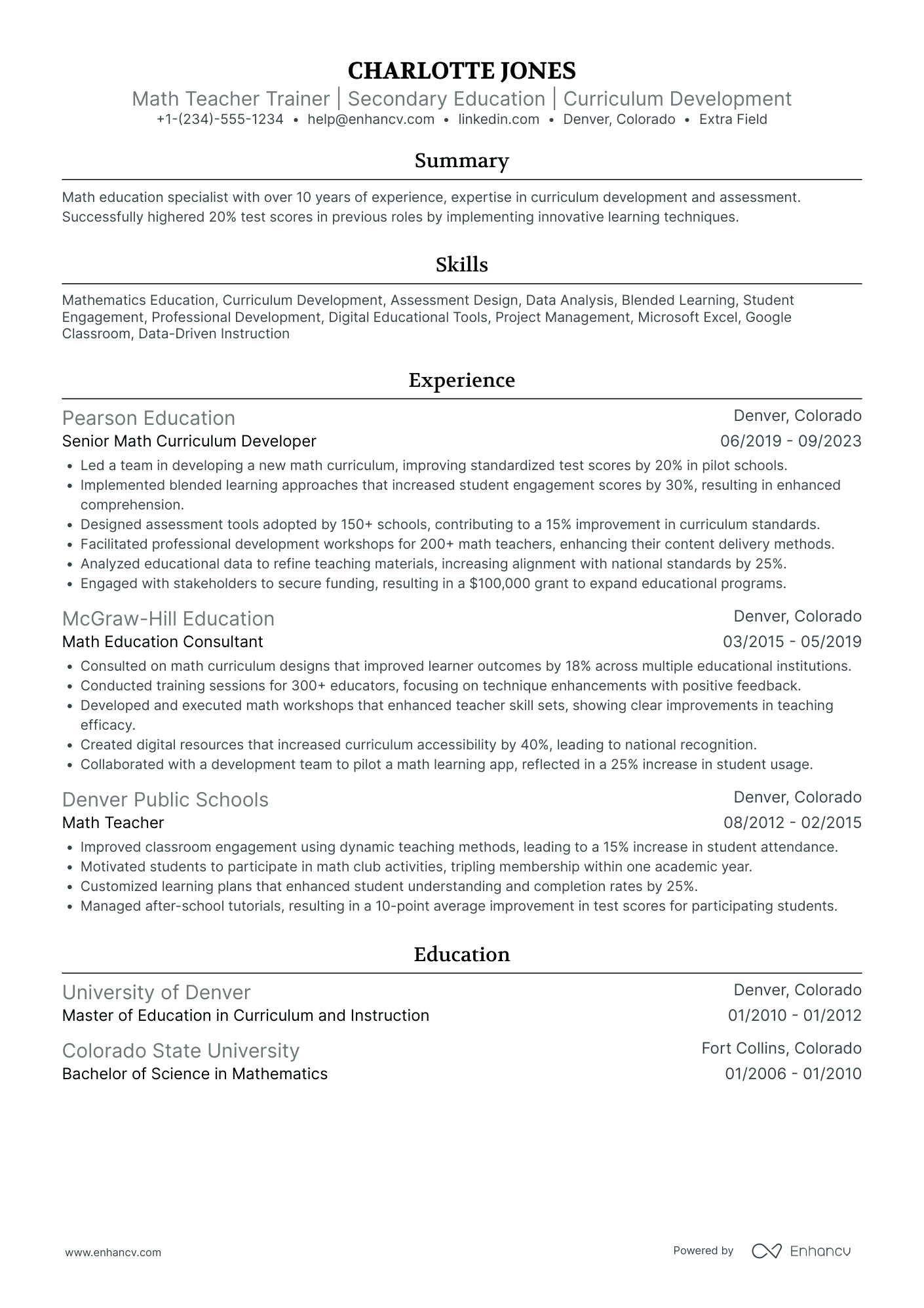 Math Teacher Trainer Resume Example