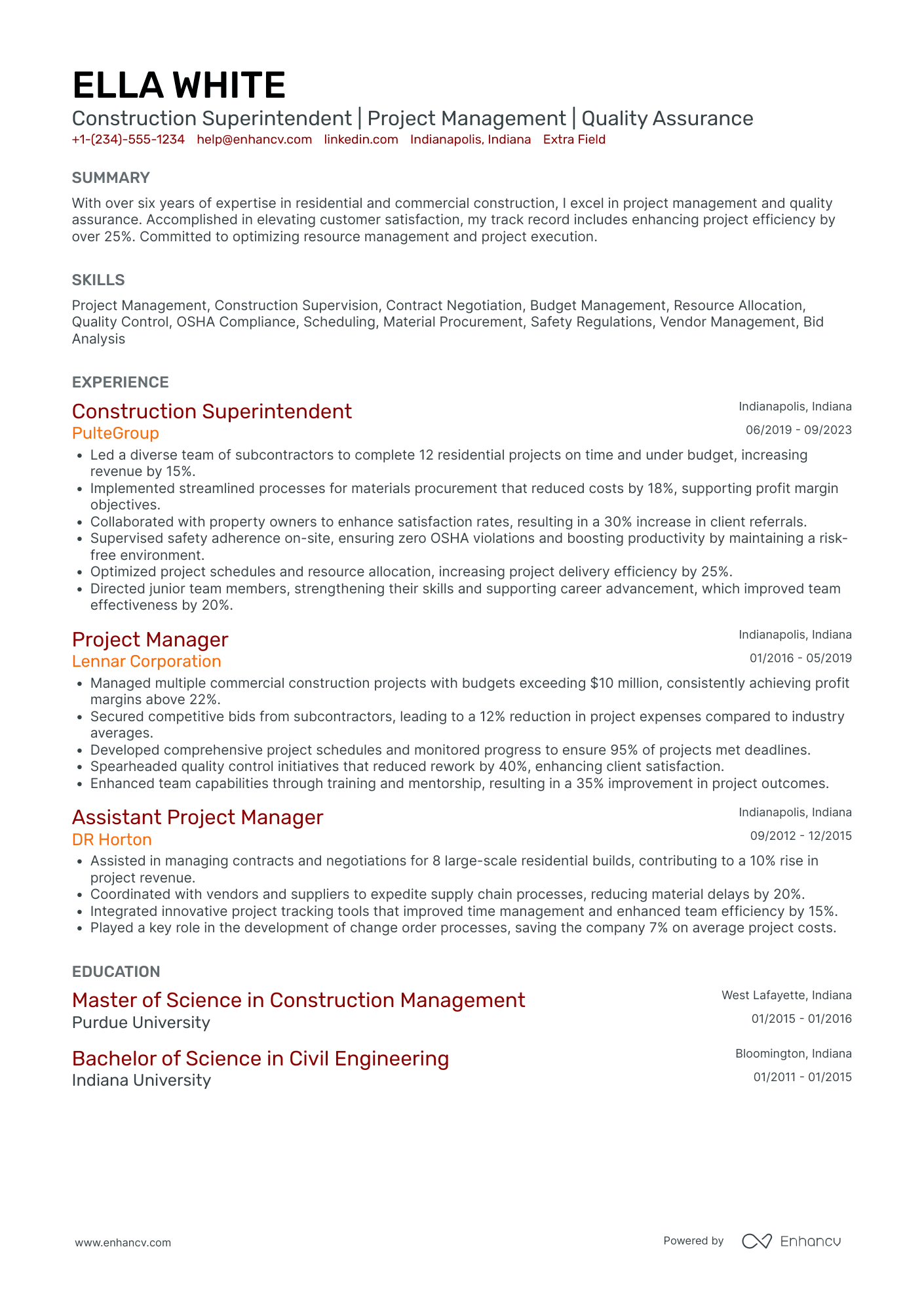 Senior Construction Superintendent Resume Example