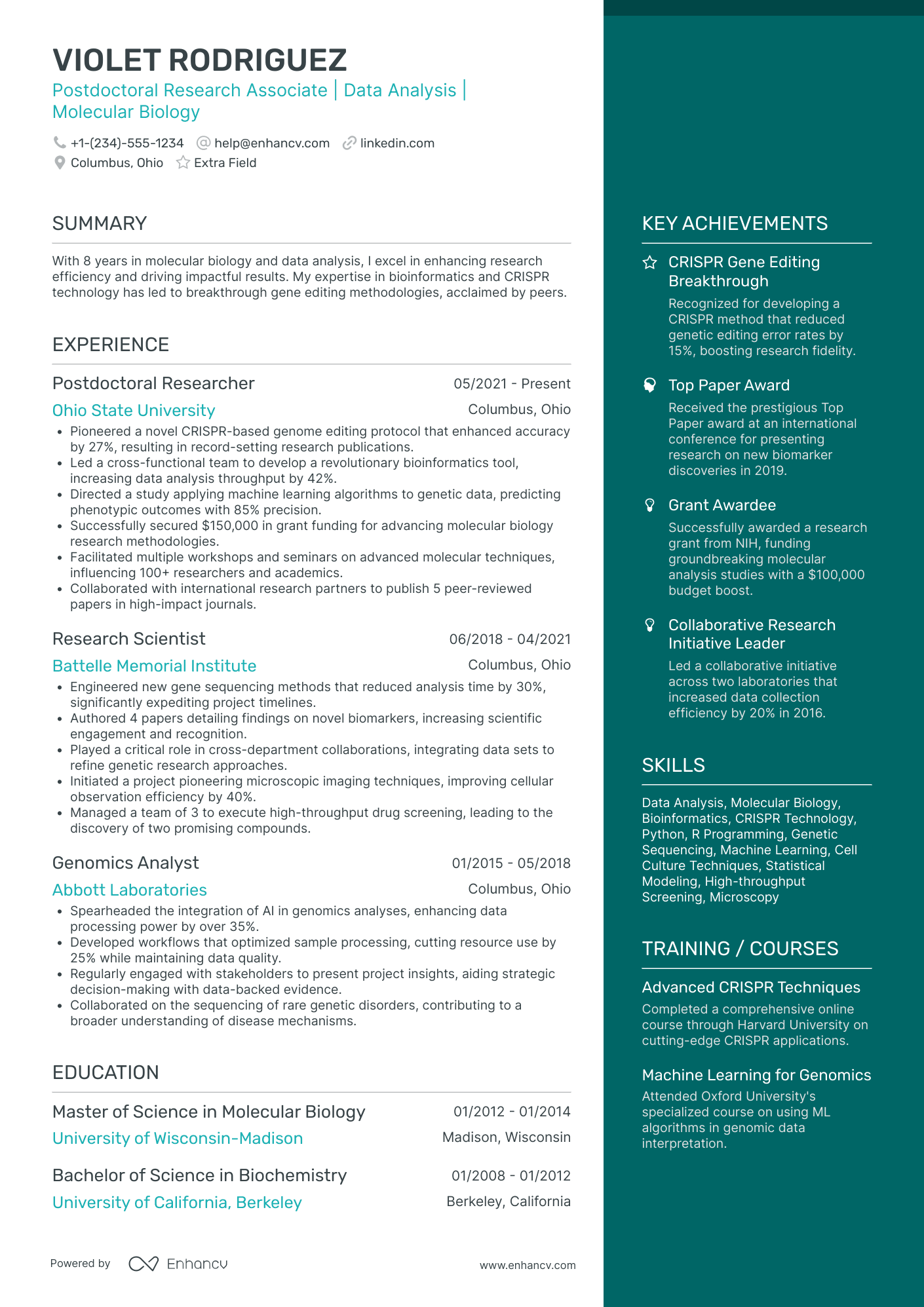 Postdoctoral Research Associate Resume Example