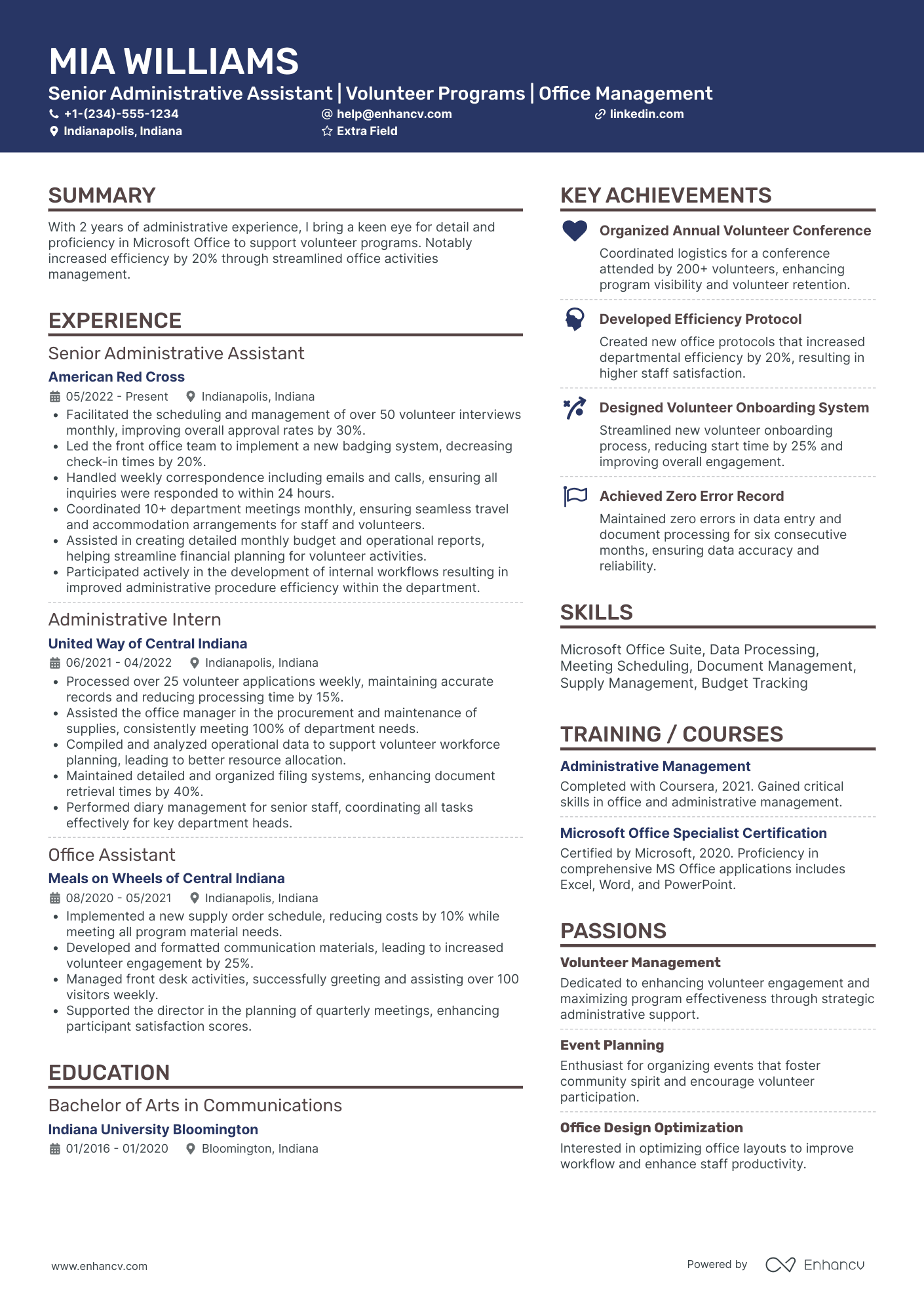 Hospital Volunteer Administrative Assistant Resume Example