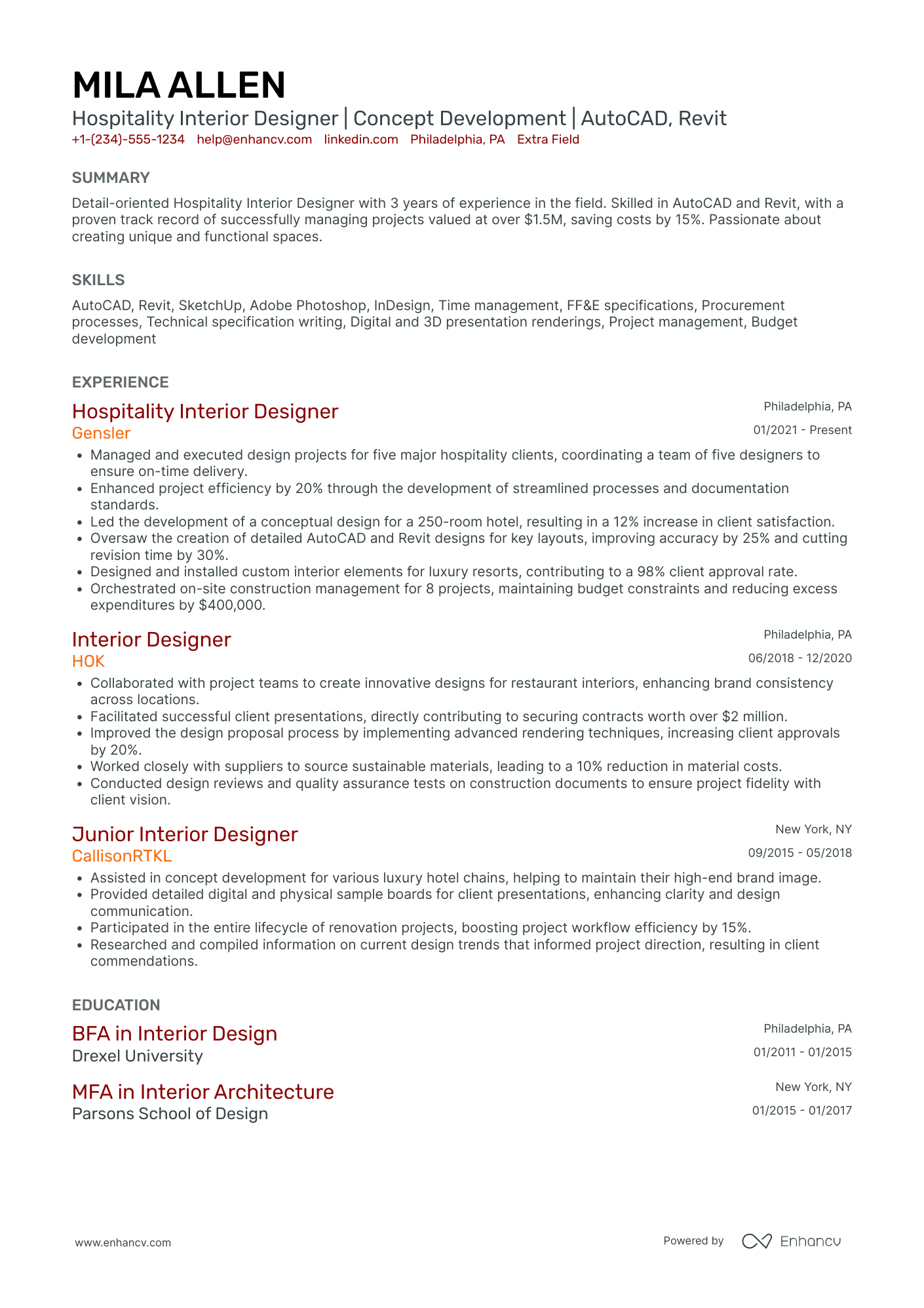 Hospitality Interior Designer Resume Example