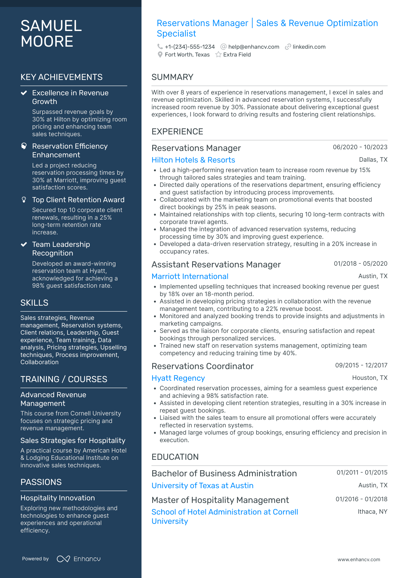 Reservation Sales Agent Manager Resume Example