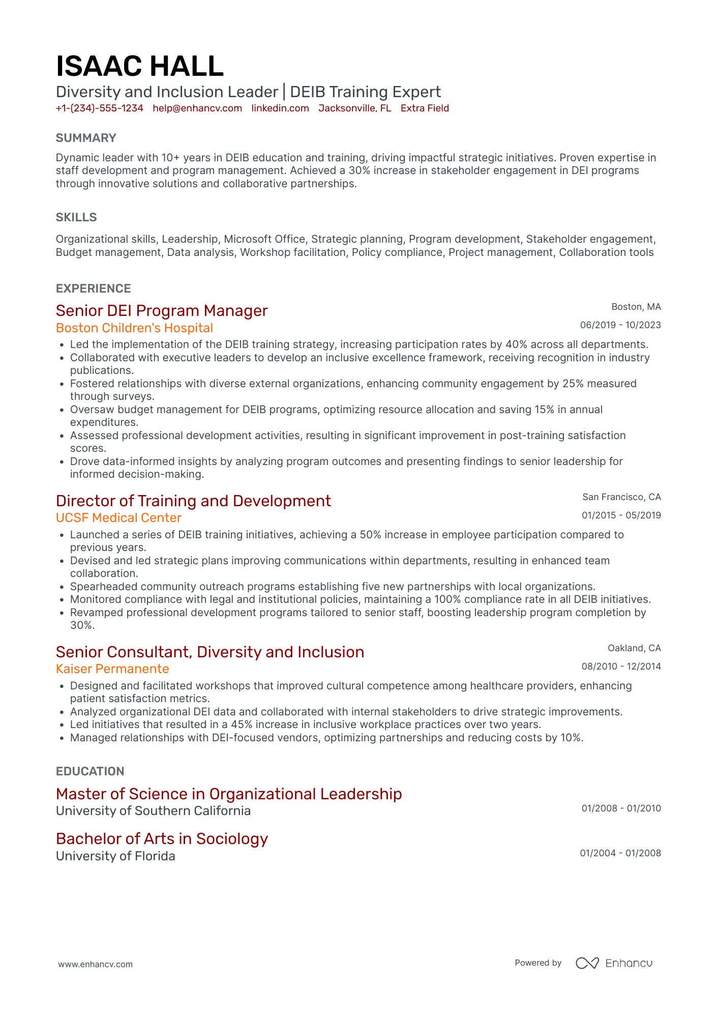 Diversity and Inclusion Training Manager Resume Example