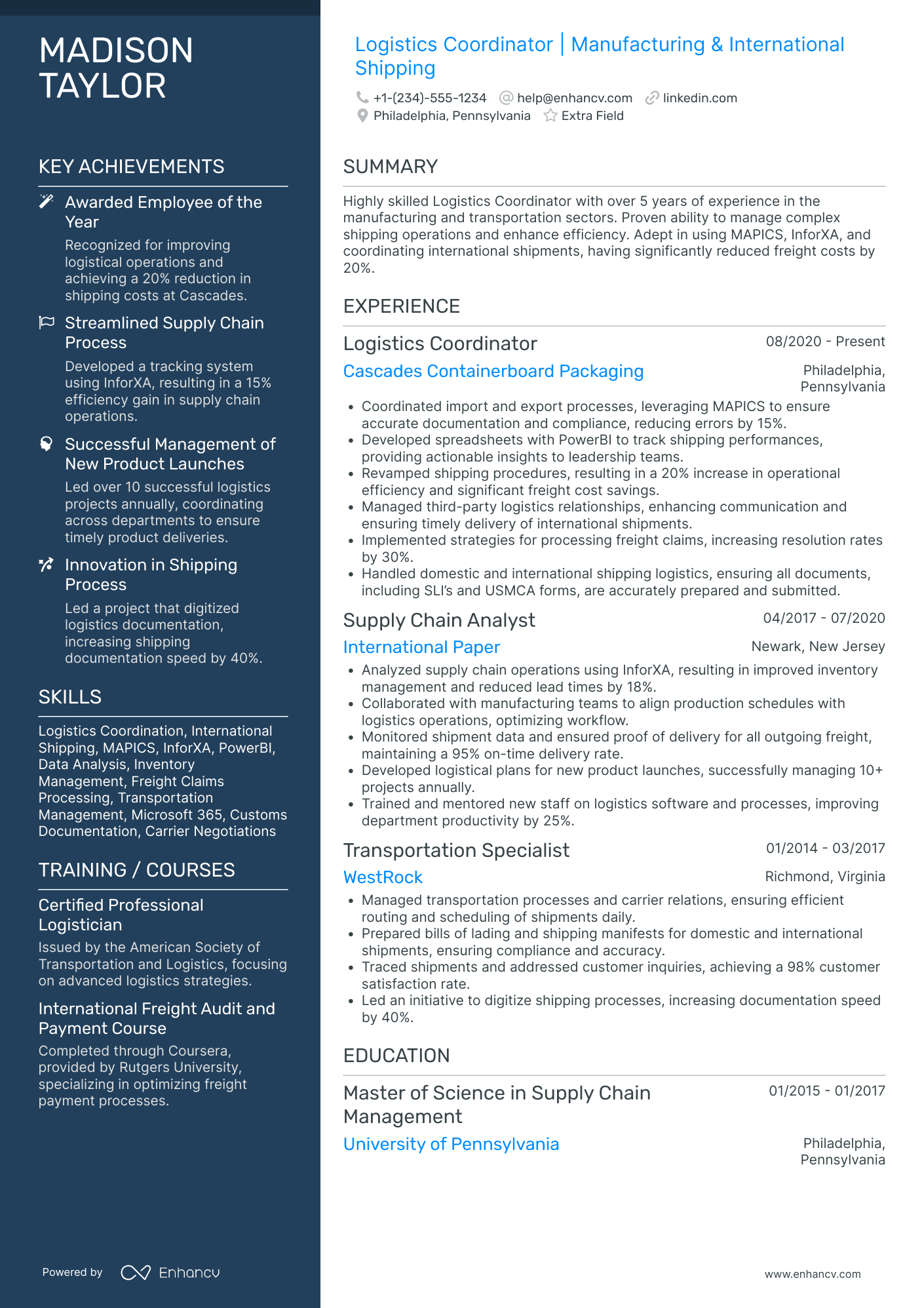 Transportation Logistics Coordinator Resume Example