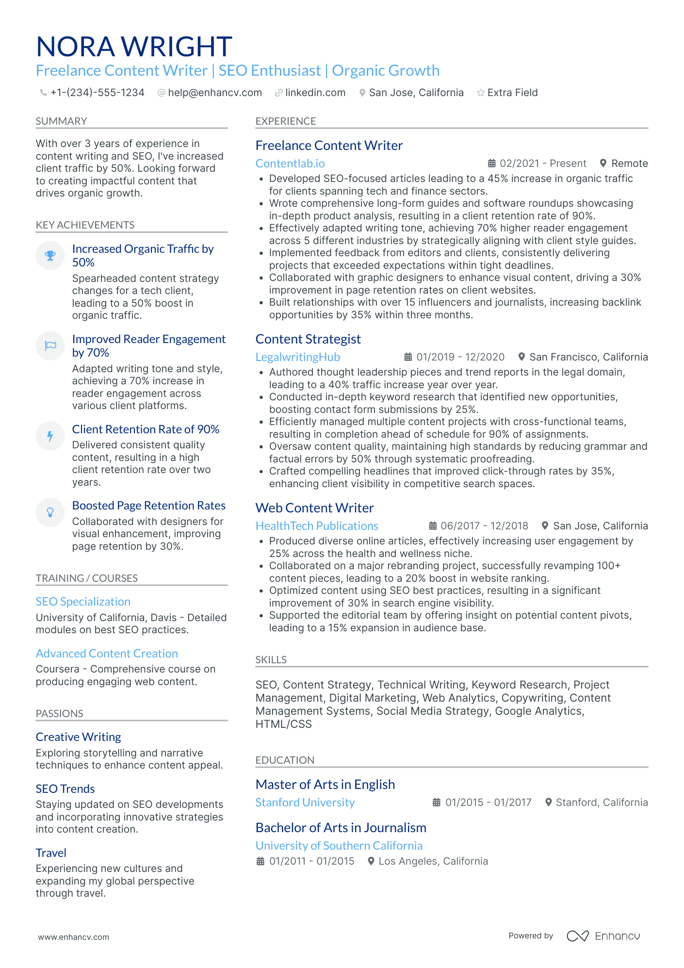 Freelance SEO Writer Resume Example