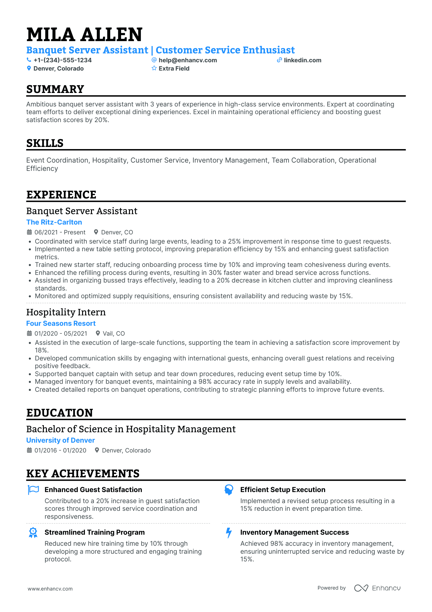 Banquet Server Assistant Resume Example