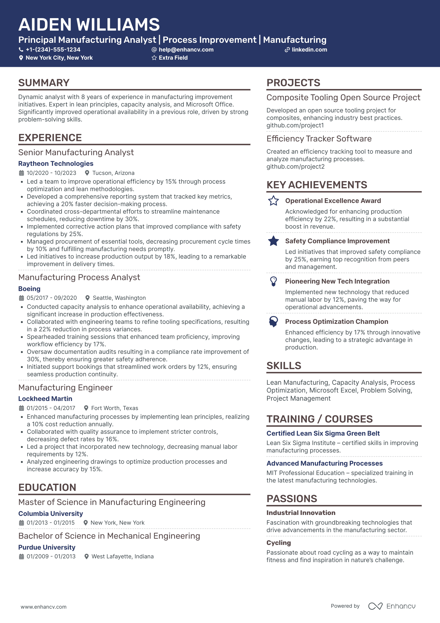 Manufacturing Project Analyst Resume Example