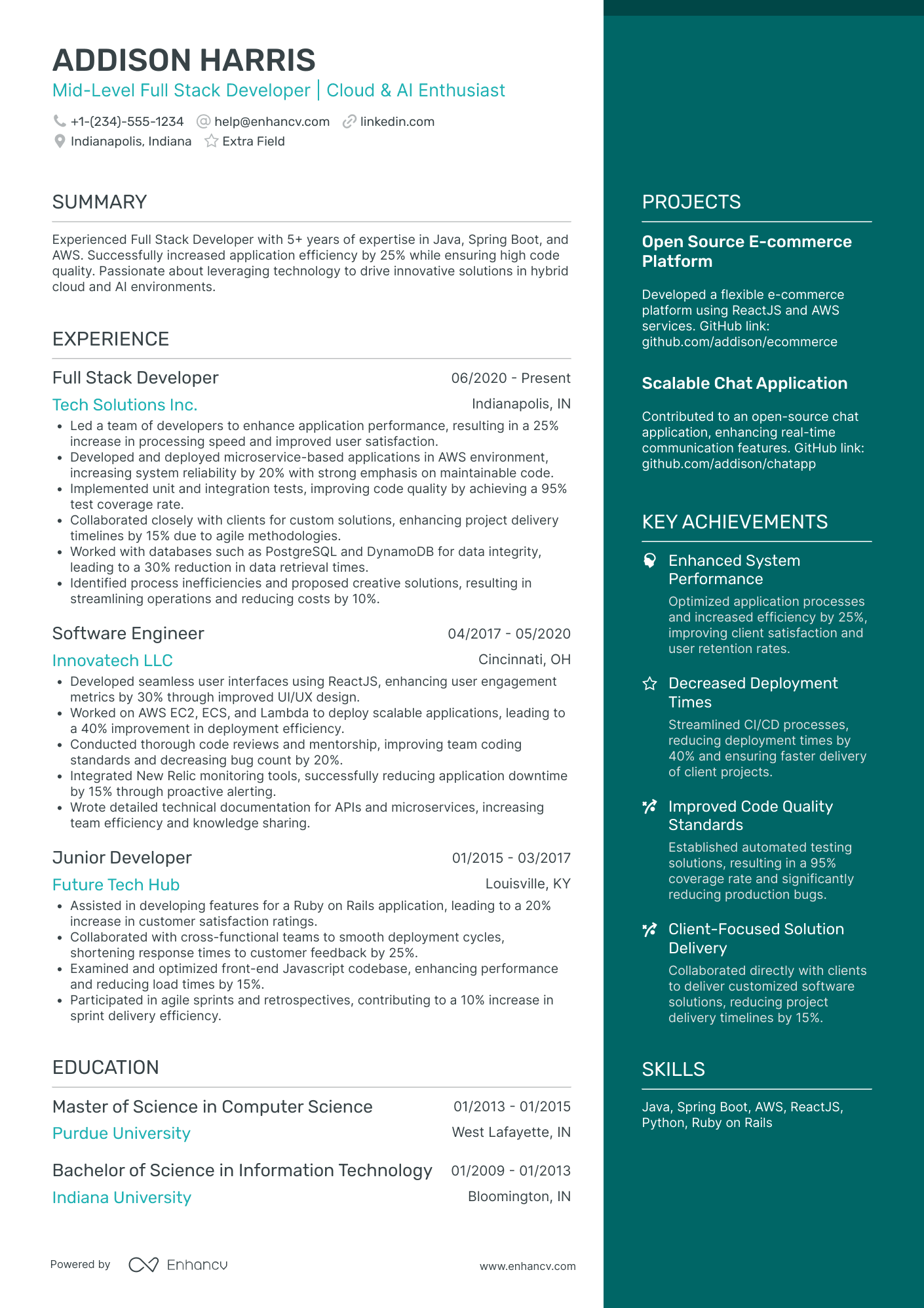 Mid Level Full Stack Developer Resume Example