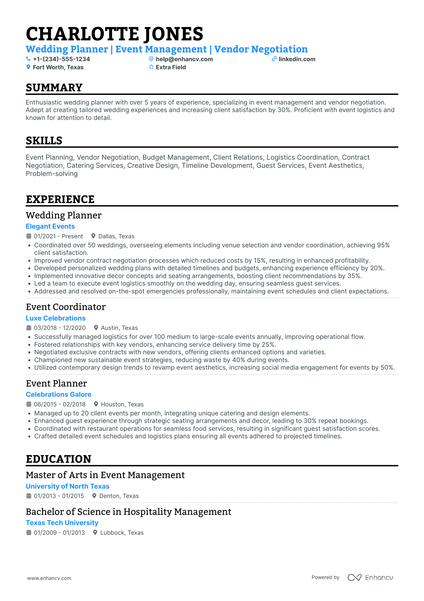 Wedding Event Planner Resume Example