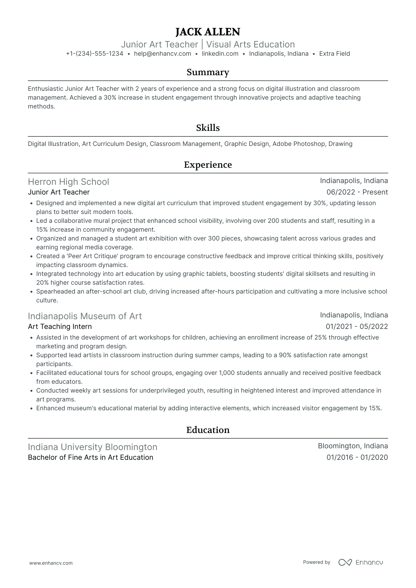 Junior Art Teacher Resume Example