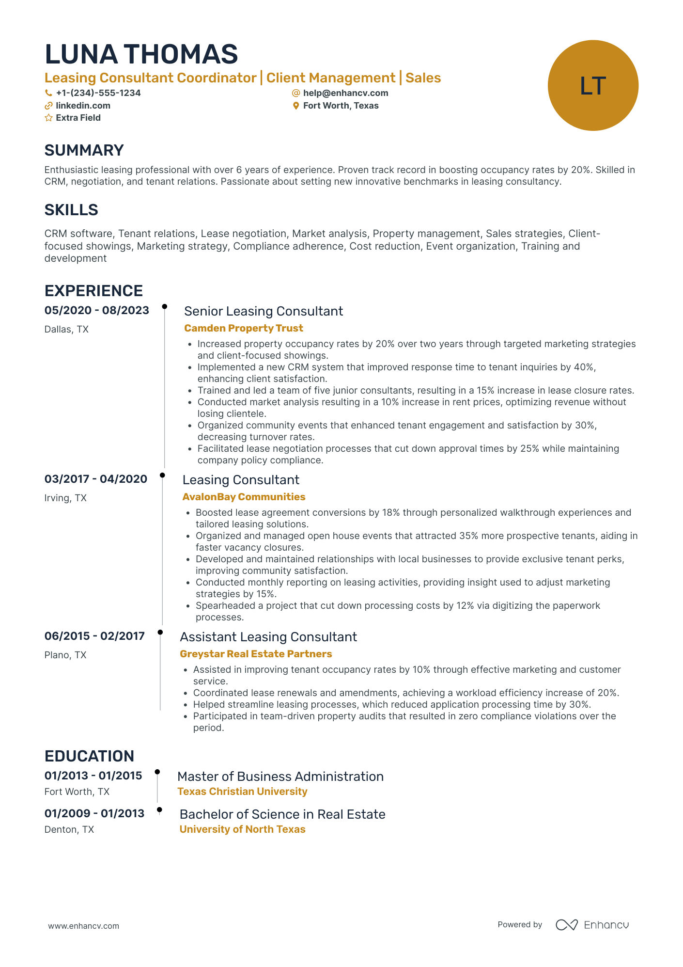 Leasing Consultant Coordinator Resume Example