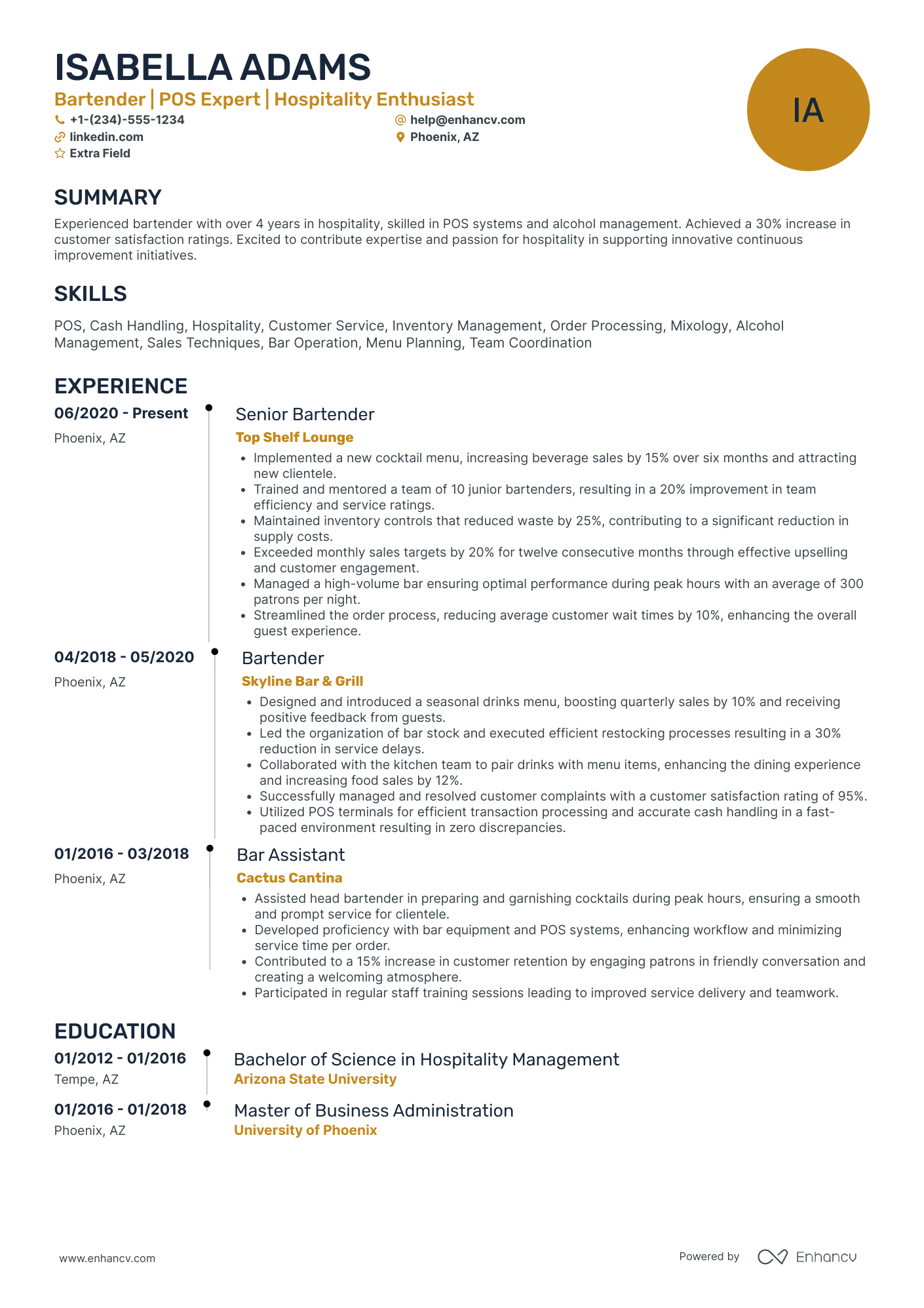 Bartender Trainer Resume Example