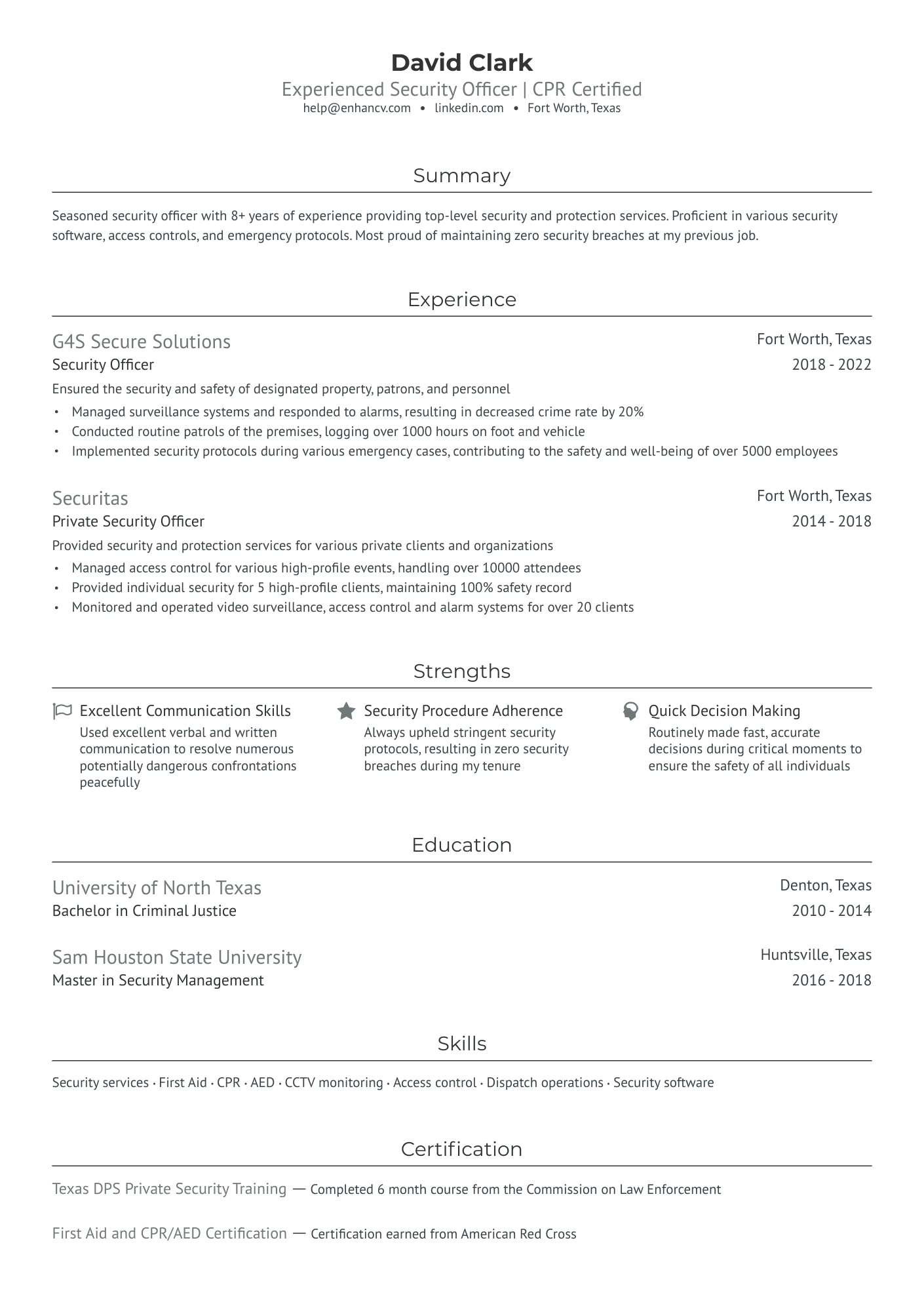 Protective Security Officer Resume Example