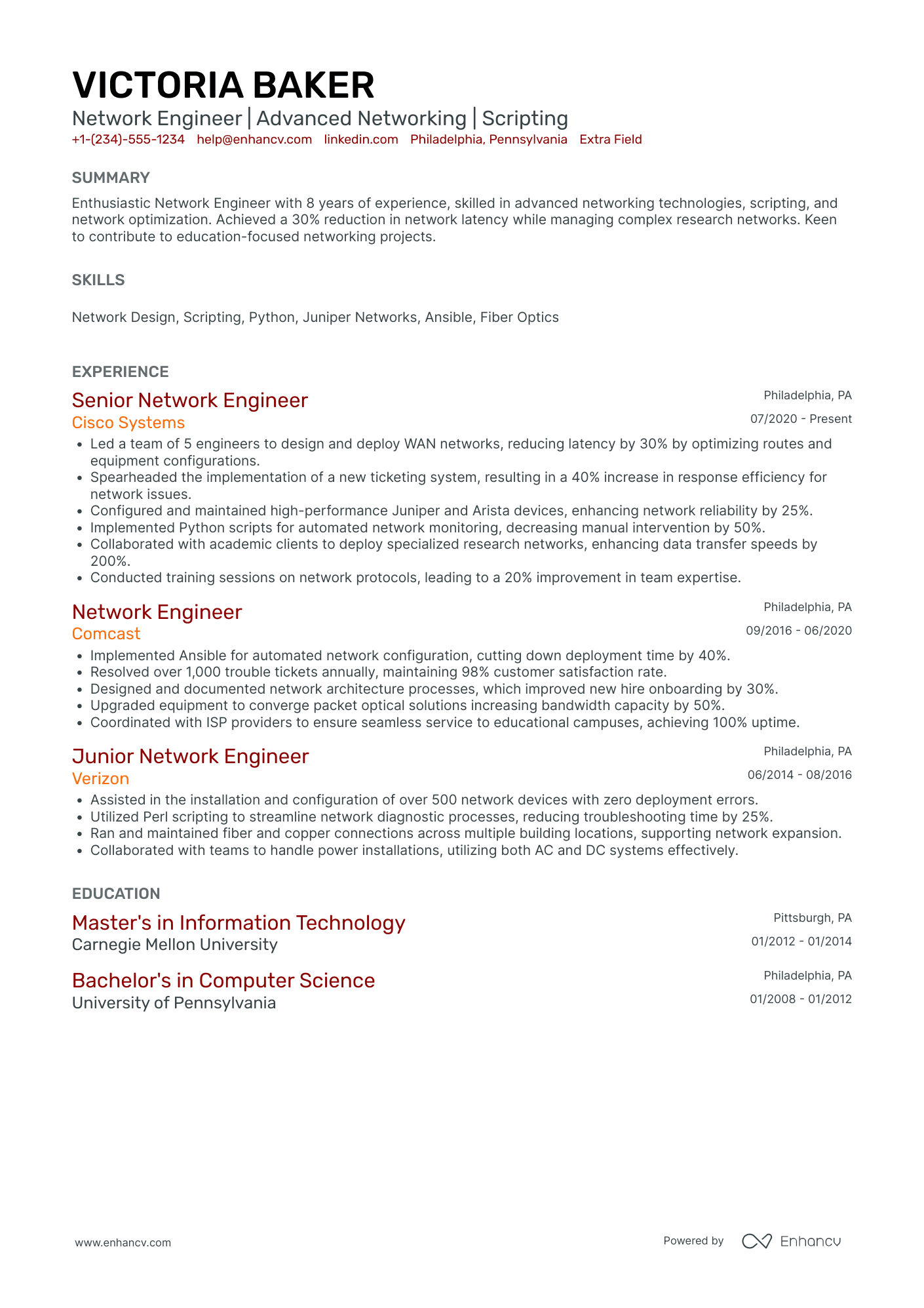 Network Reliability Engineer Resume Example