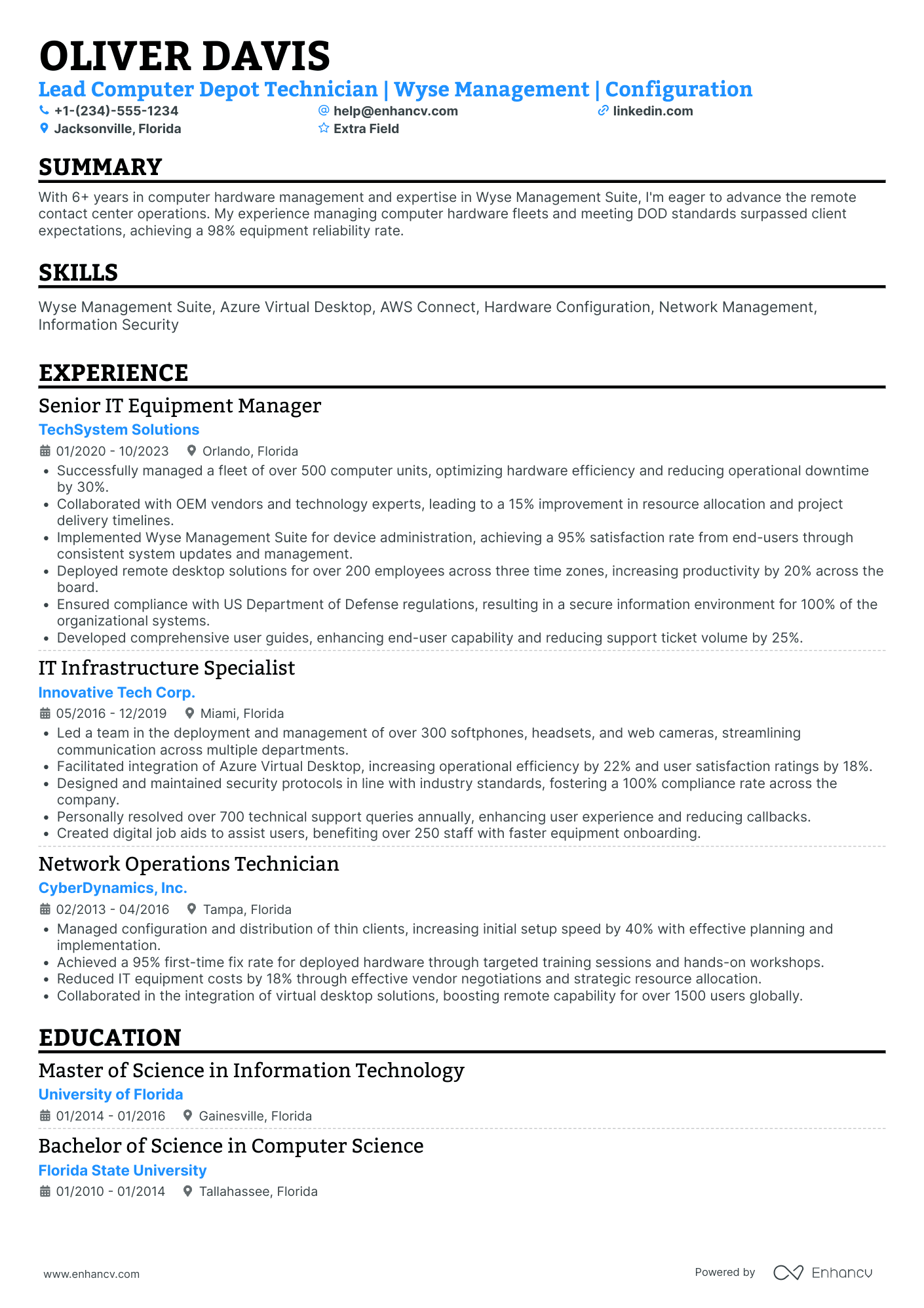 Lead Computer Technician Resume Example