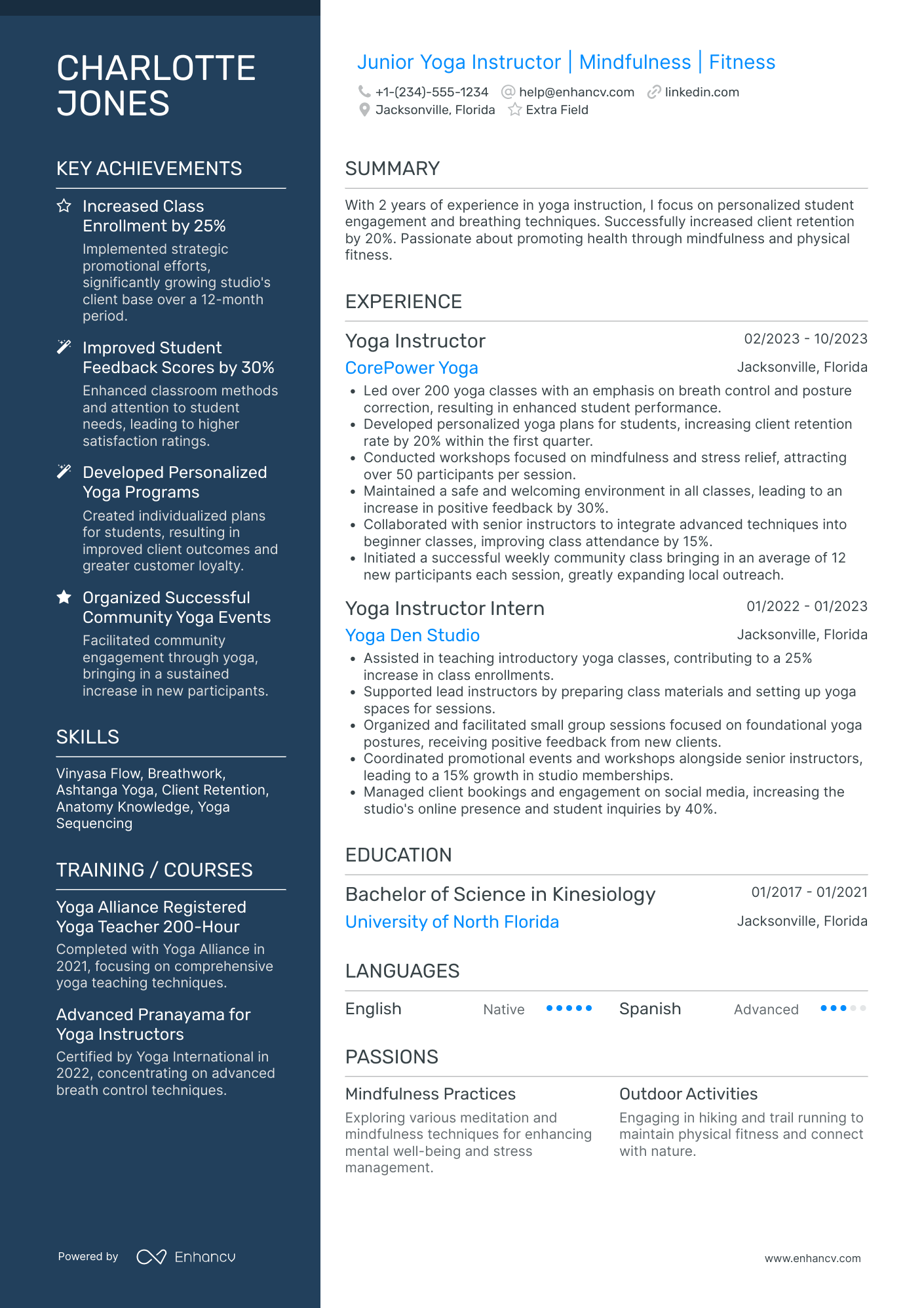 Junior Yoga Instructor Resume Example