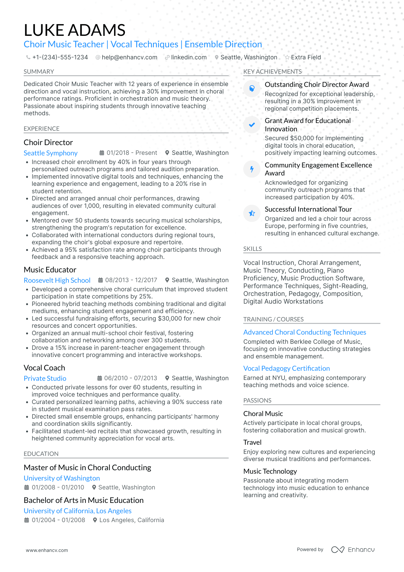 Choir Music Teacher Resume Example