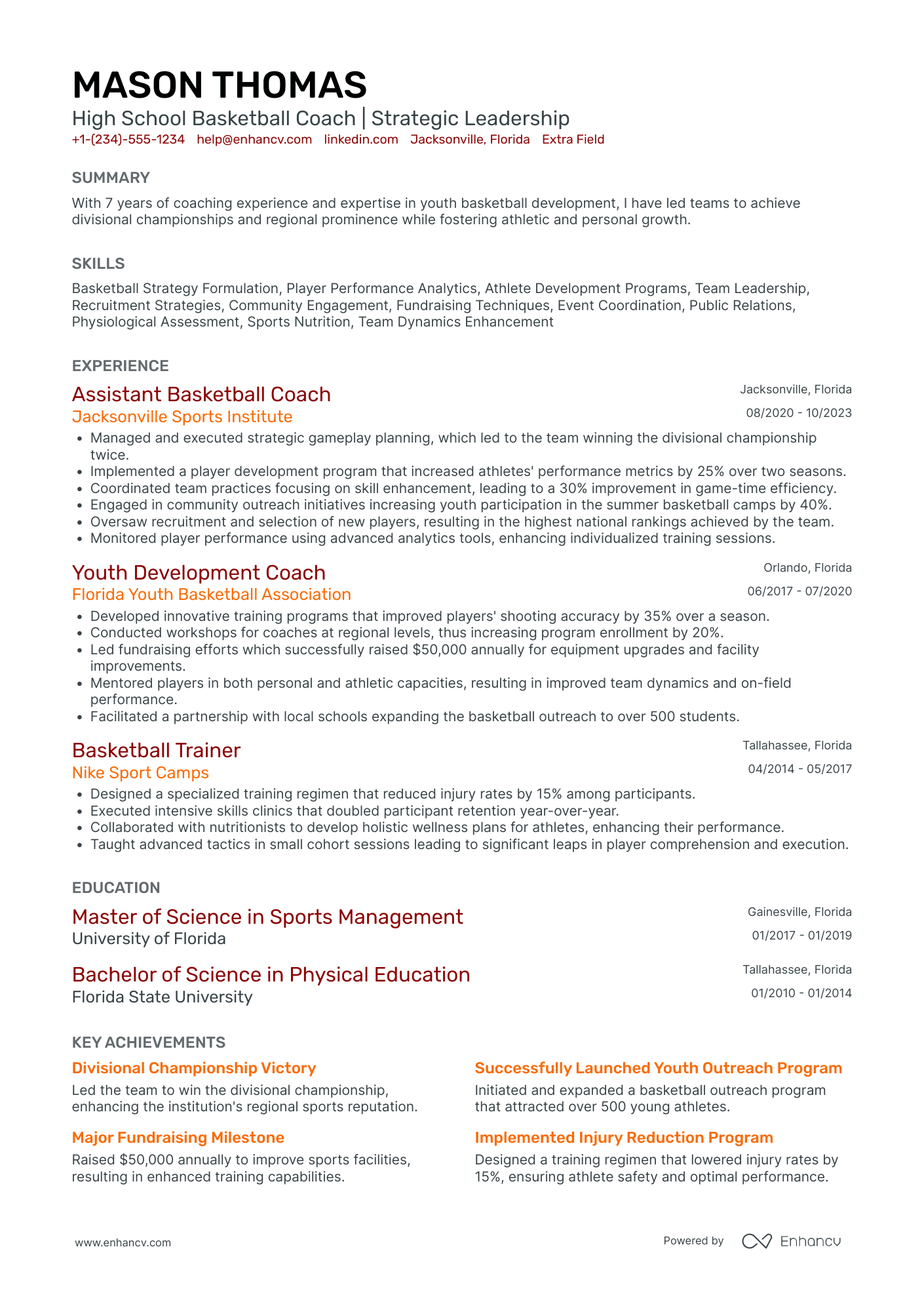 High School Basketball Coach Resume Example