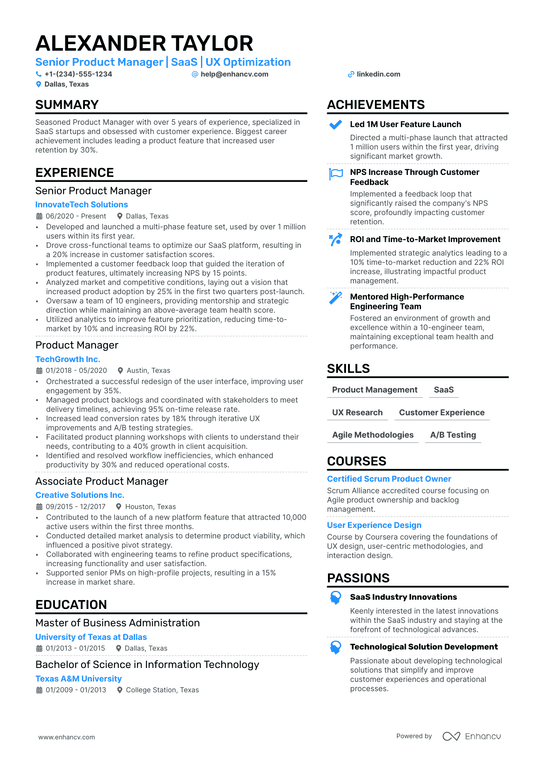 SaaS Product Manager Resume Example