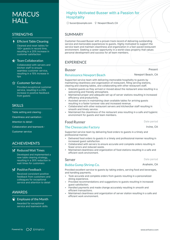 Busser Resume Example