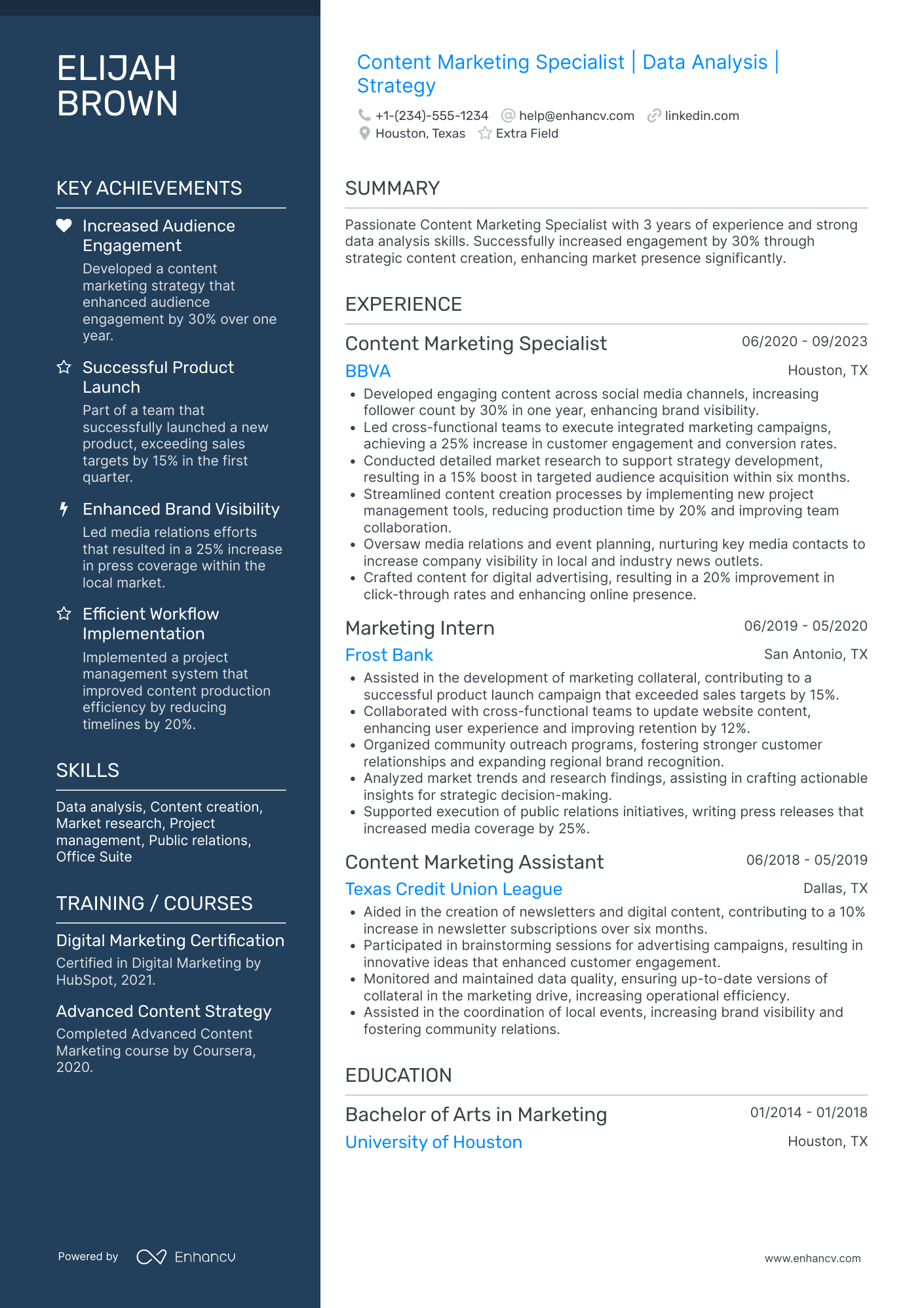 Junior Content Marketing Specialist Resume Example