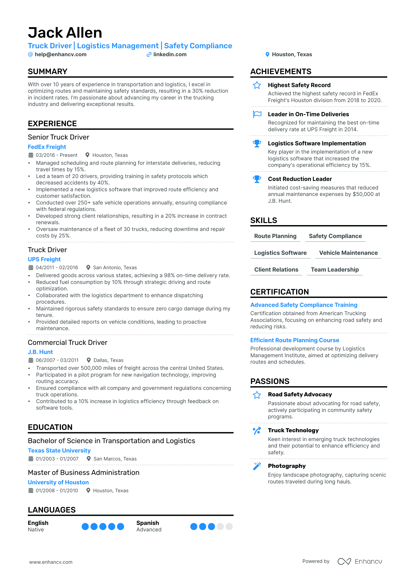 Truck Driver Resume Example