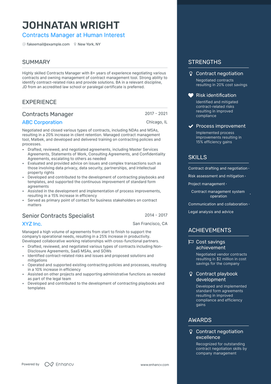 Contracts Manager Resume Example