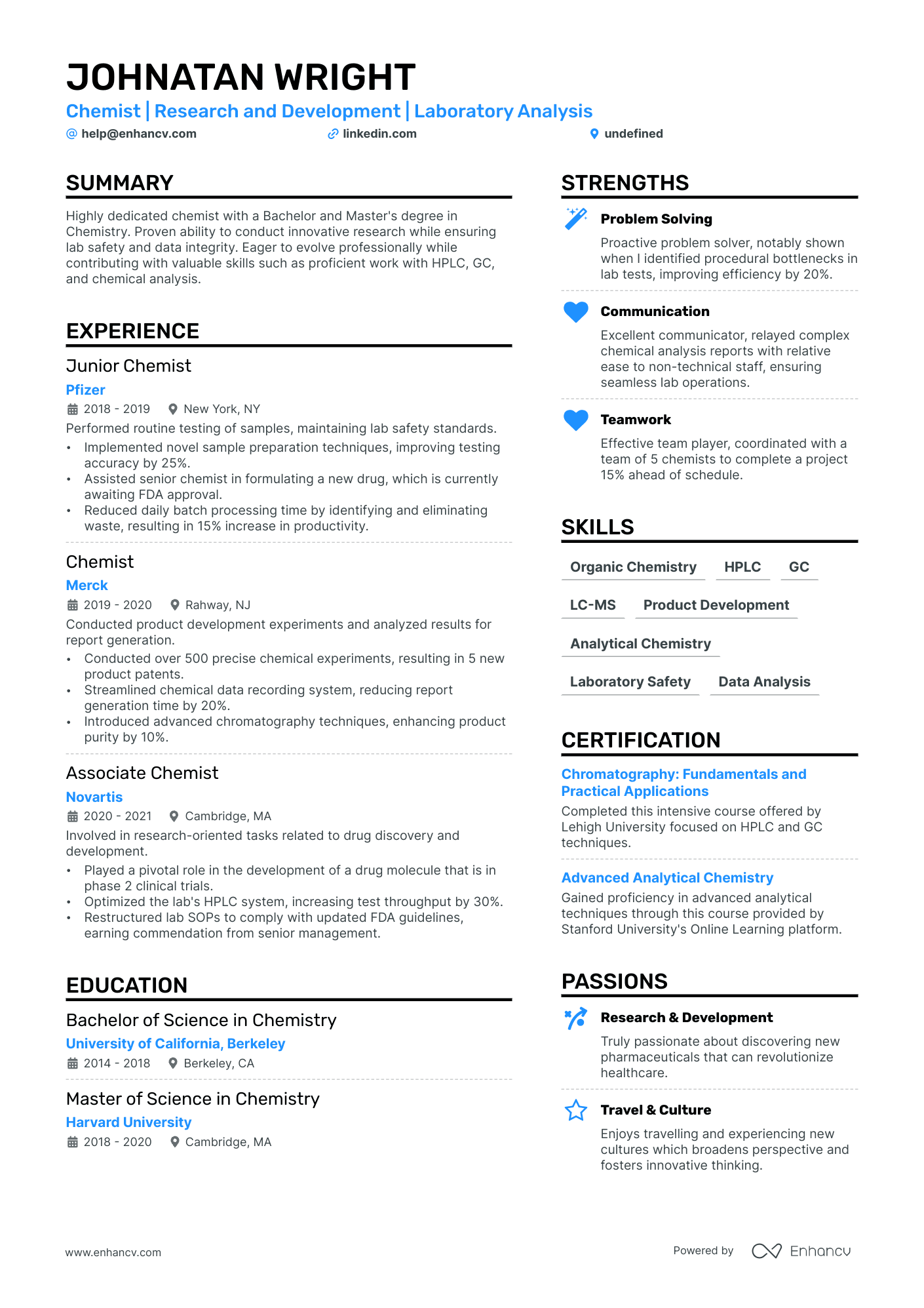 Entry Level Chemist Resume Example