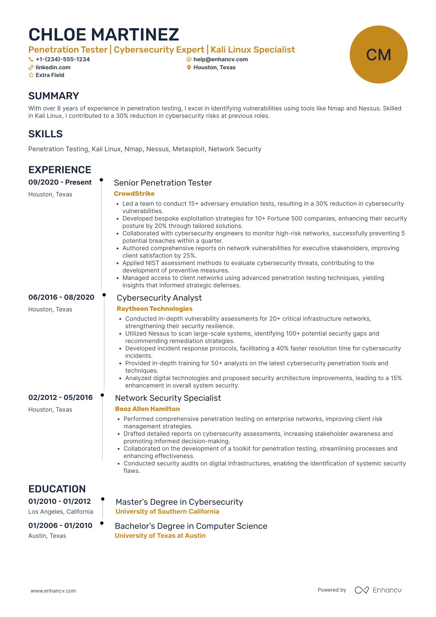 Associate Penetration Tester Resume Example