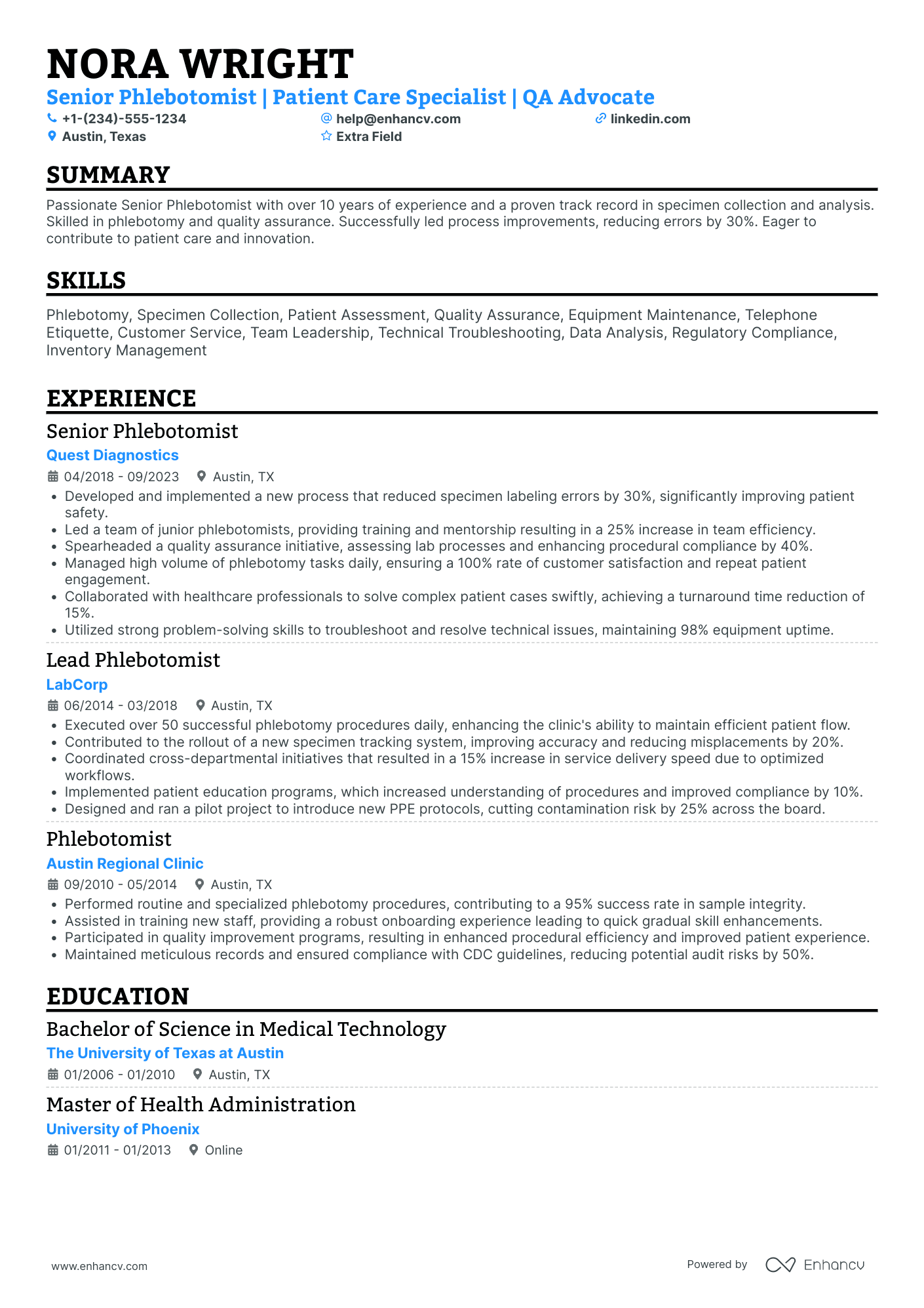 Outpatient Phlebotomist Resume Example