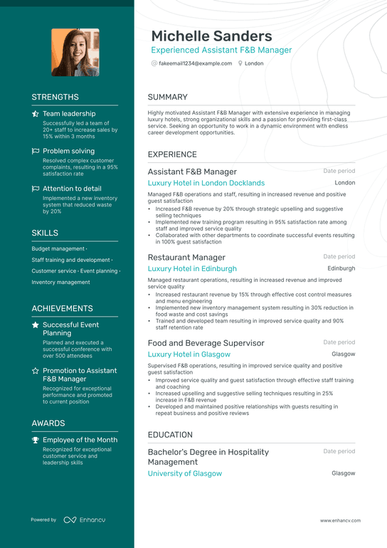 Hotel Assistant Manager Resume Example