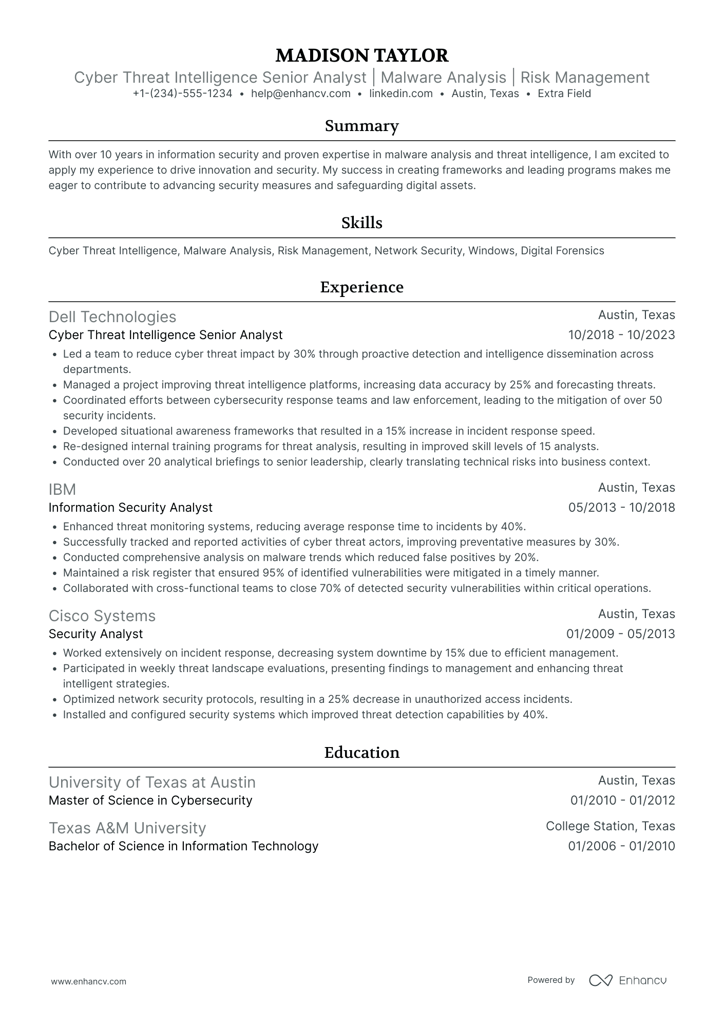 Cyber Security Network Analyst Resume Example