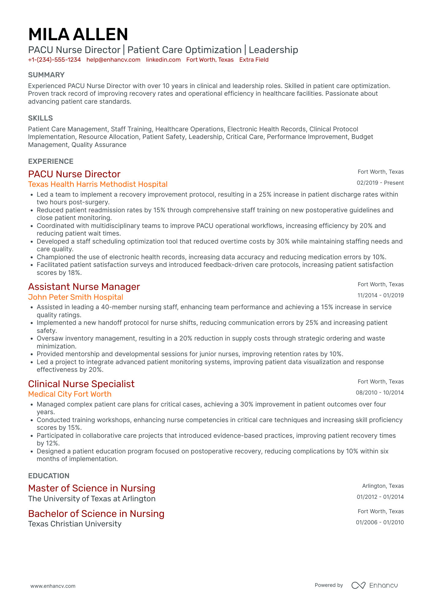 PACU Nurse Director Resume Example