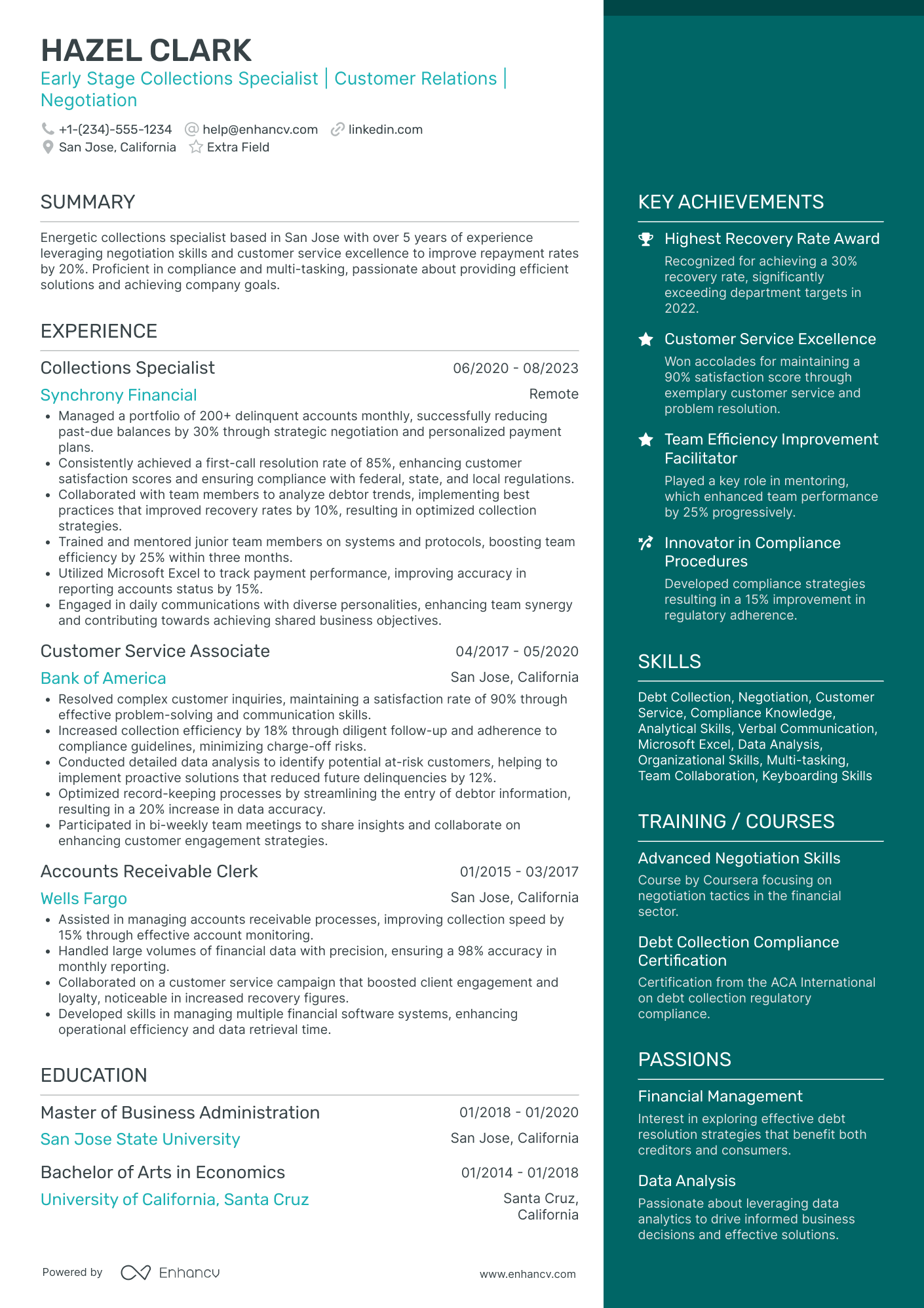 Consumer Debt Collector Resume Example