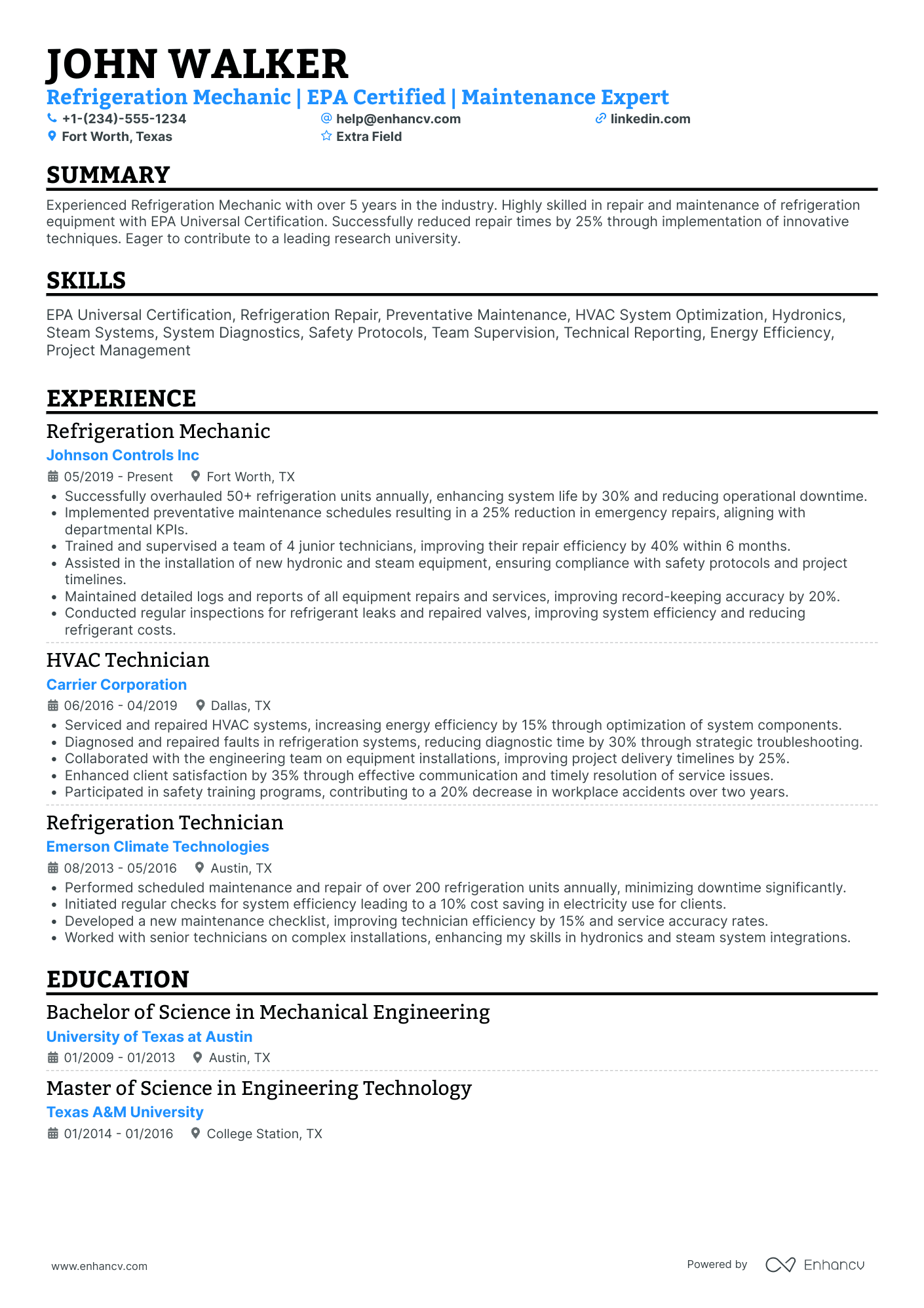 Refrigeration Mechanic Resume Example