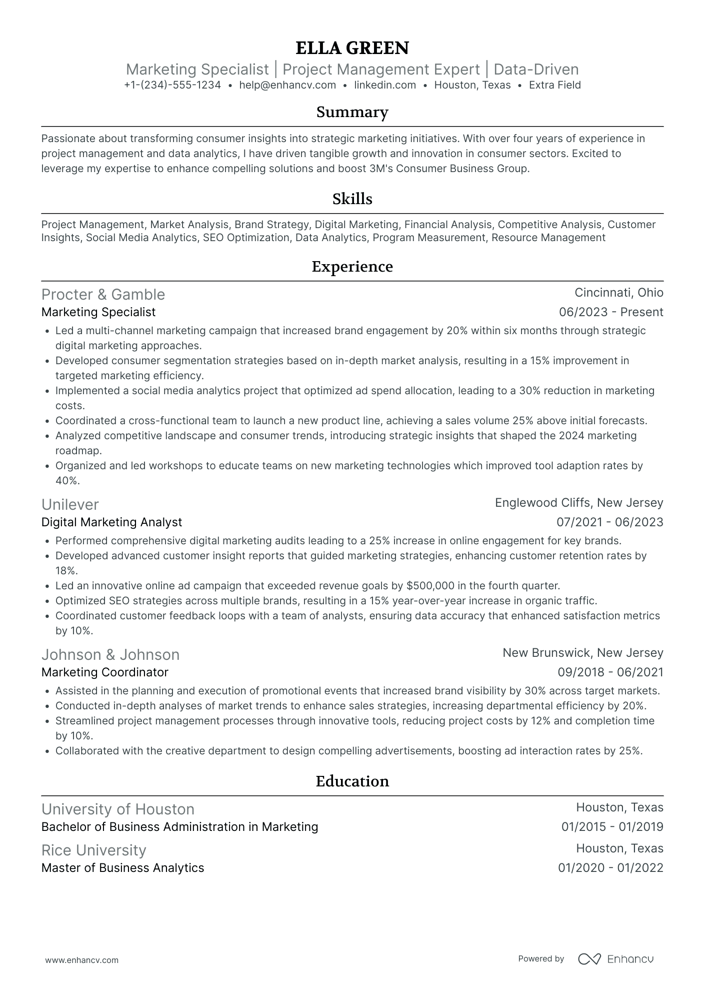 Undergraduate Marketing Intern Resume Example