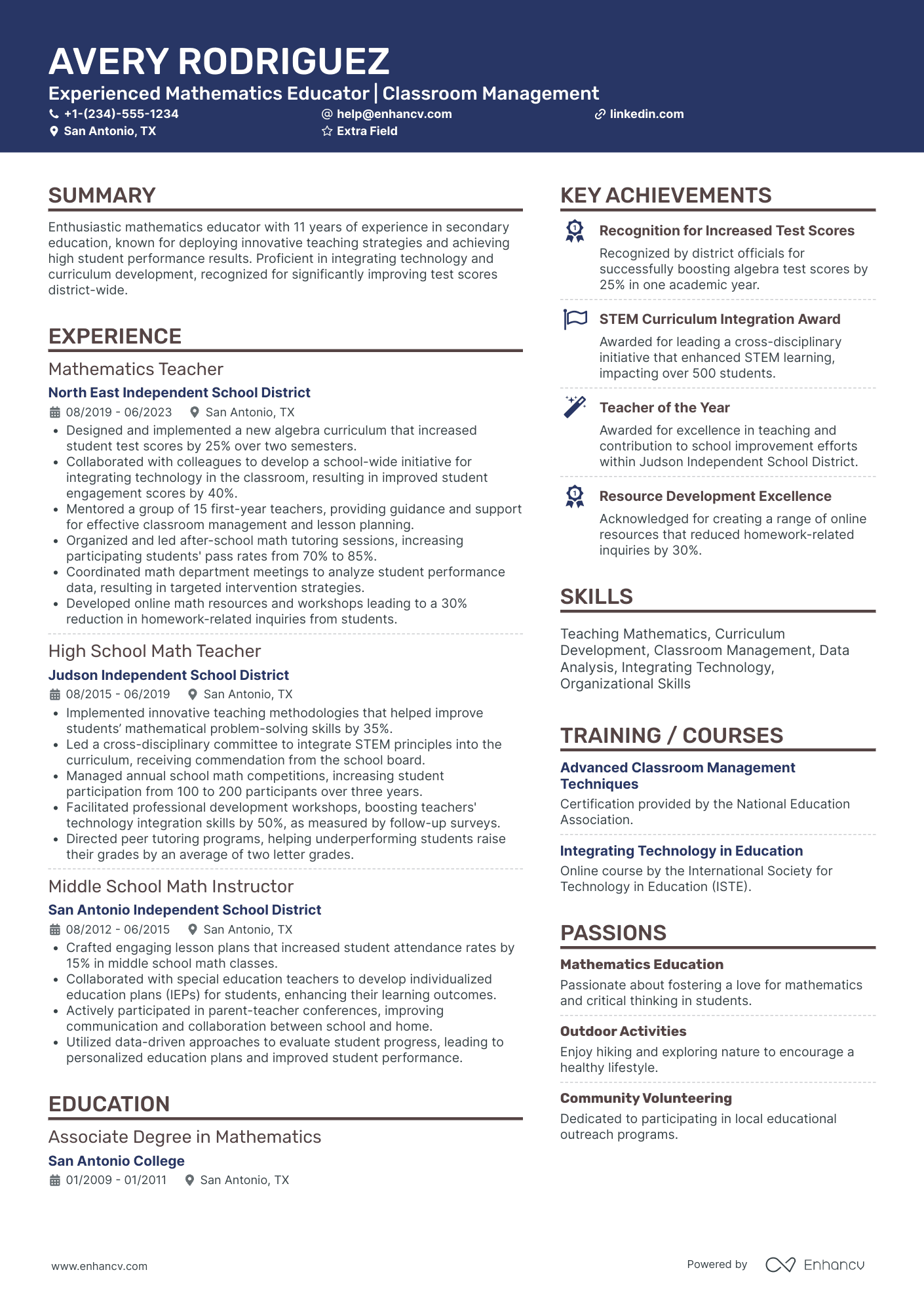 Mathematics Teacher Resume Example