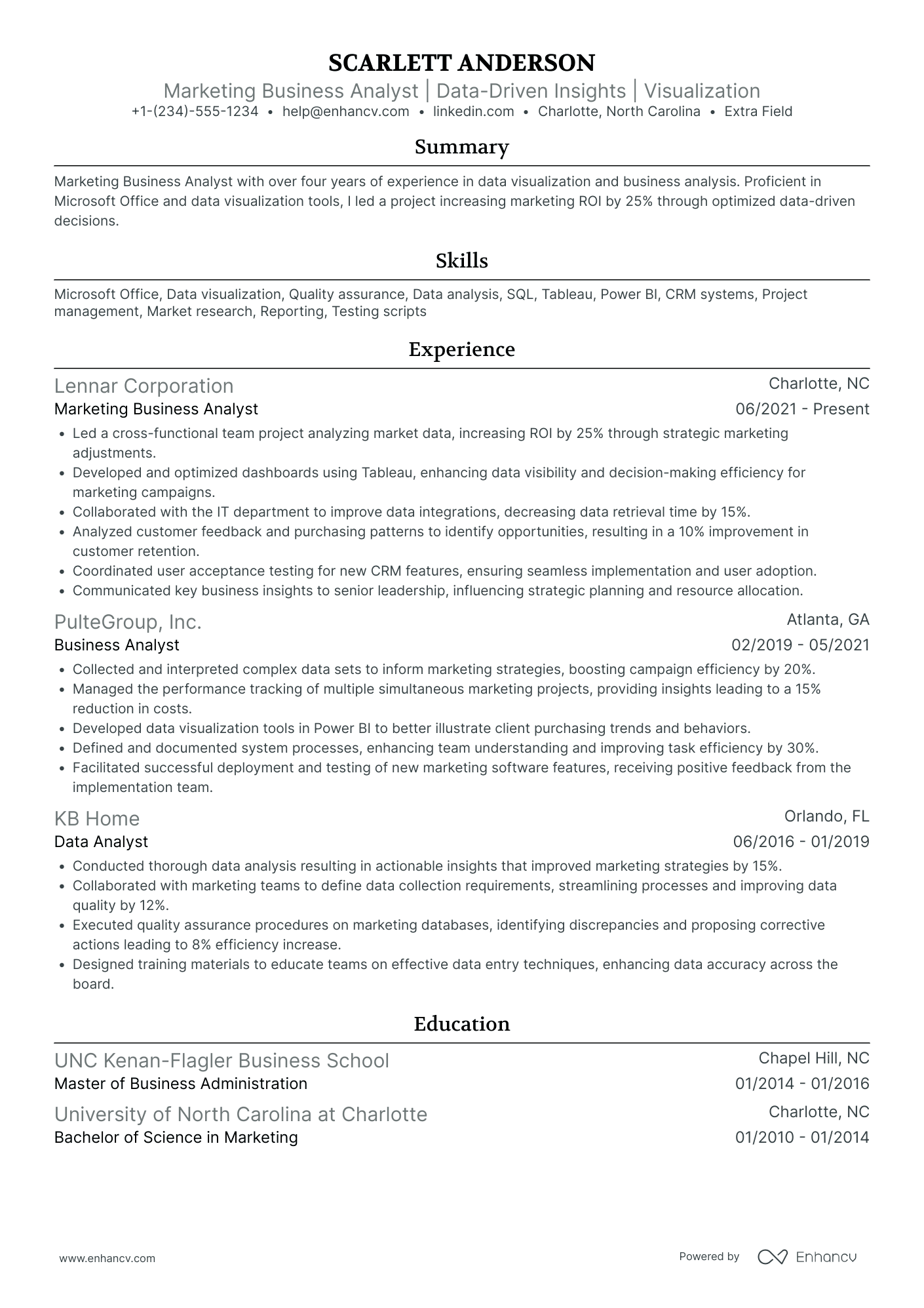 Marketing Business Analyst Resume Example