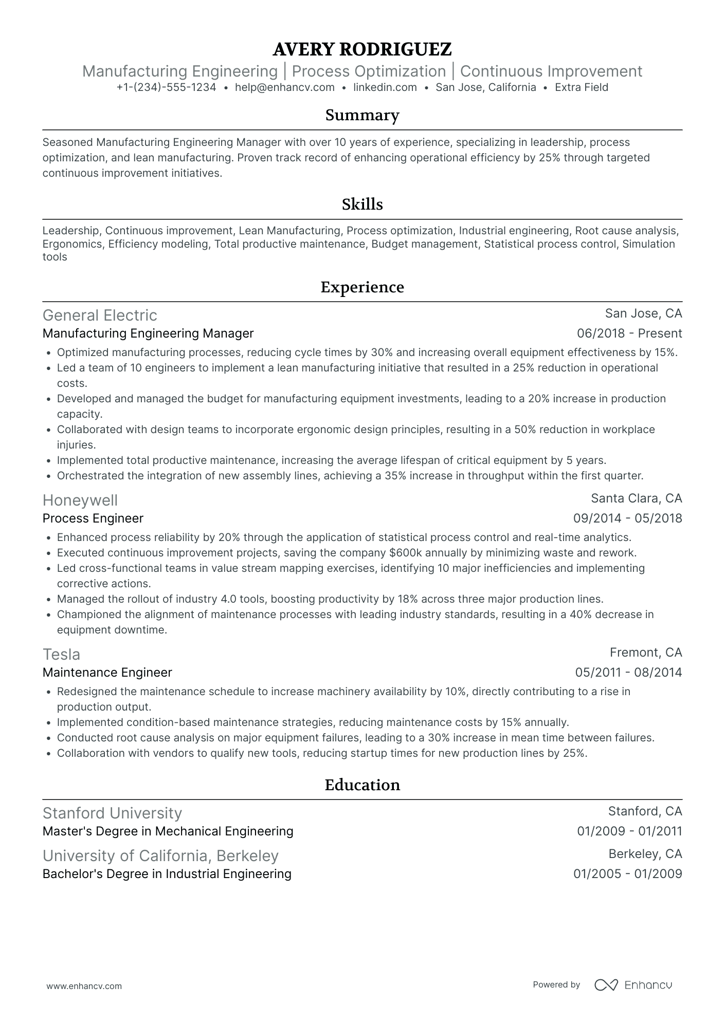 Manufacturing Maintenance Engineer Resume Example