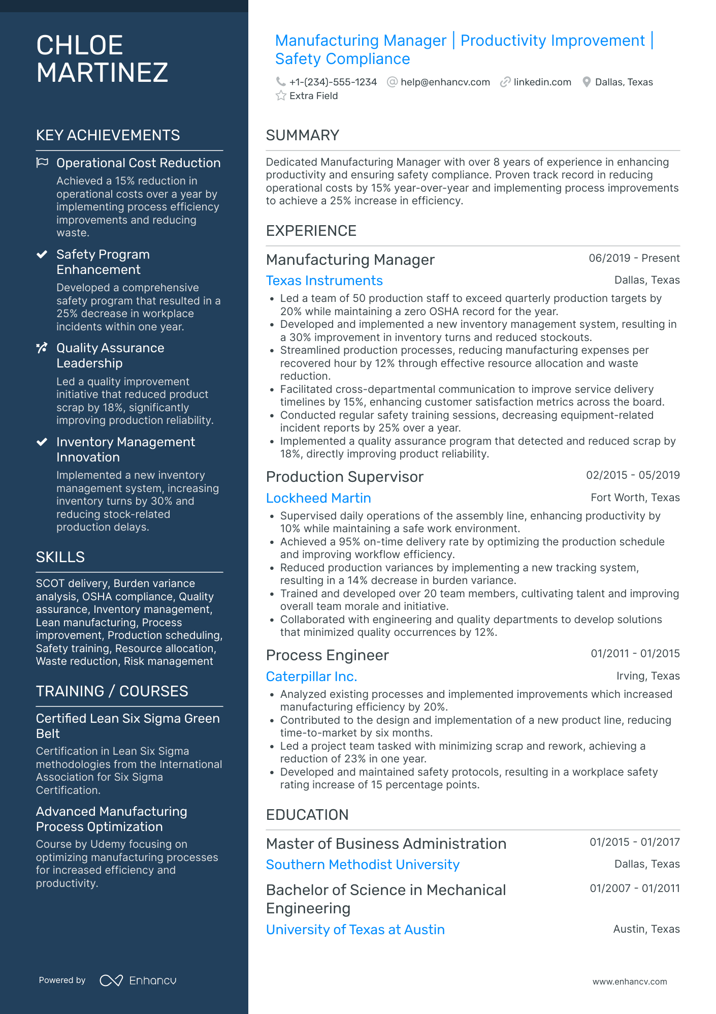 Senior Manufacturing Project Manager Resume Example