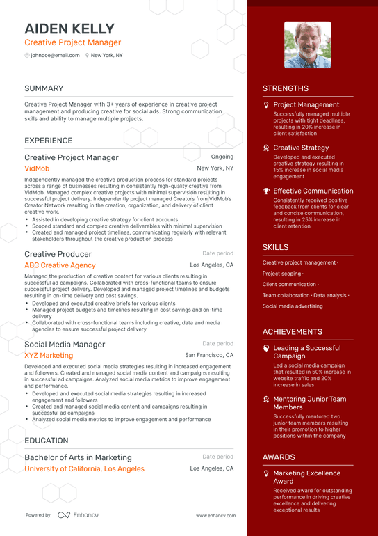 Creative Project Manager Resume Example